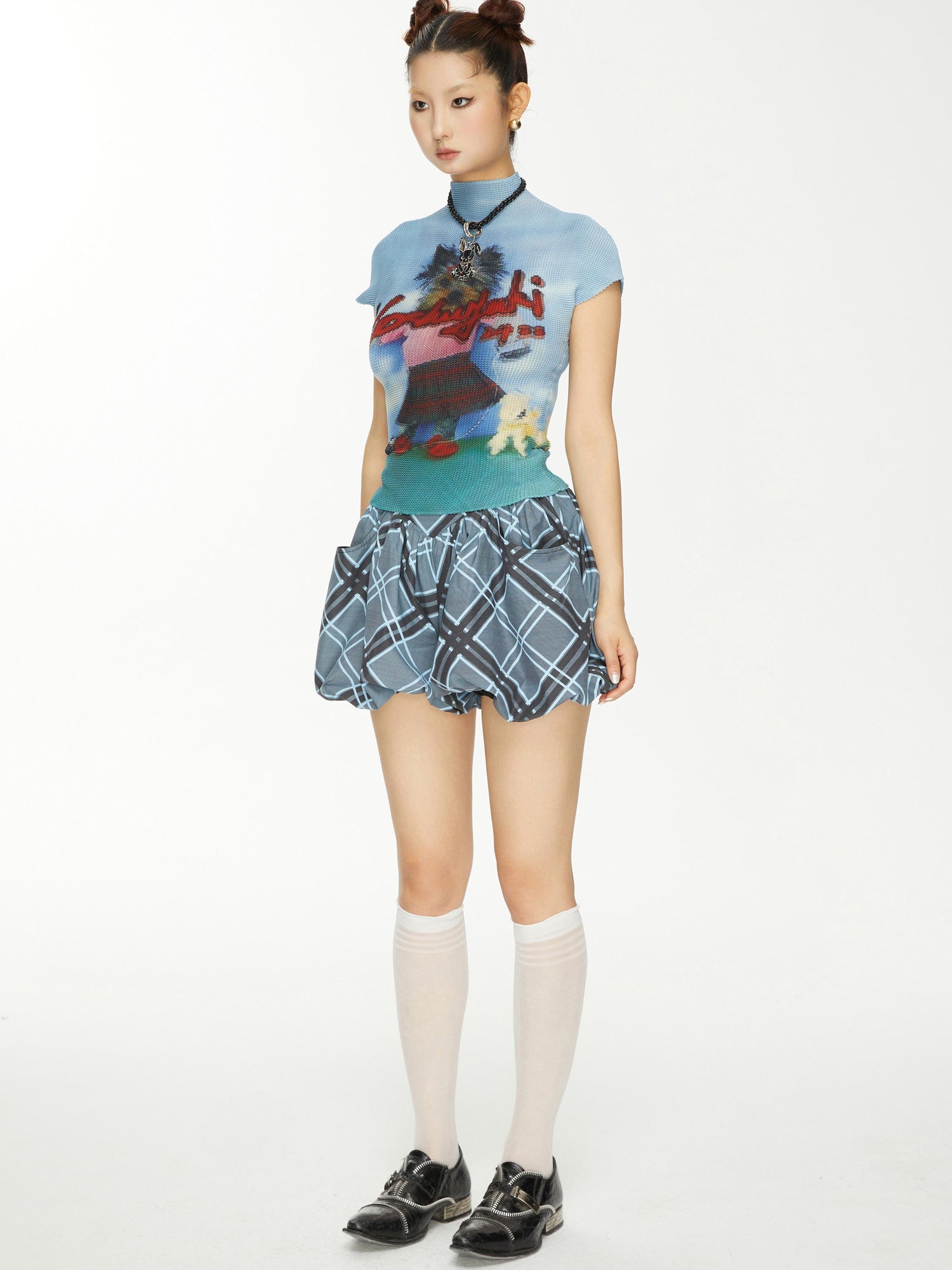 YOSHUYUKI Yoshuyuki Dancing Dog Print Stretch Ruffle Vintage Tee
