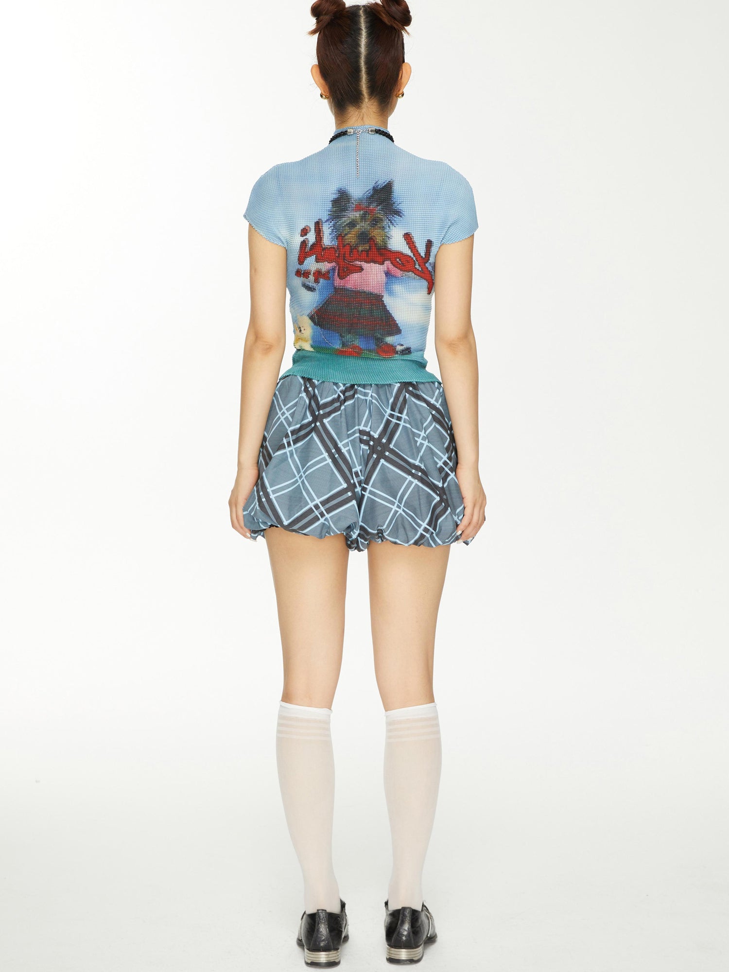 YOSHUYUKI Yoshuyuki Dancing Dog Print Stretch Ruffle Vintage Tee