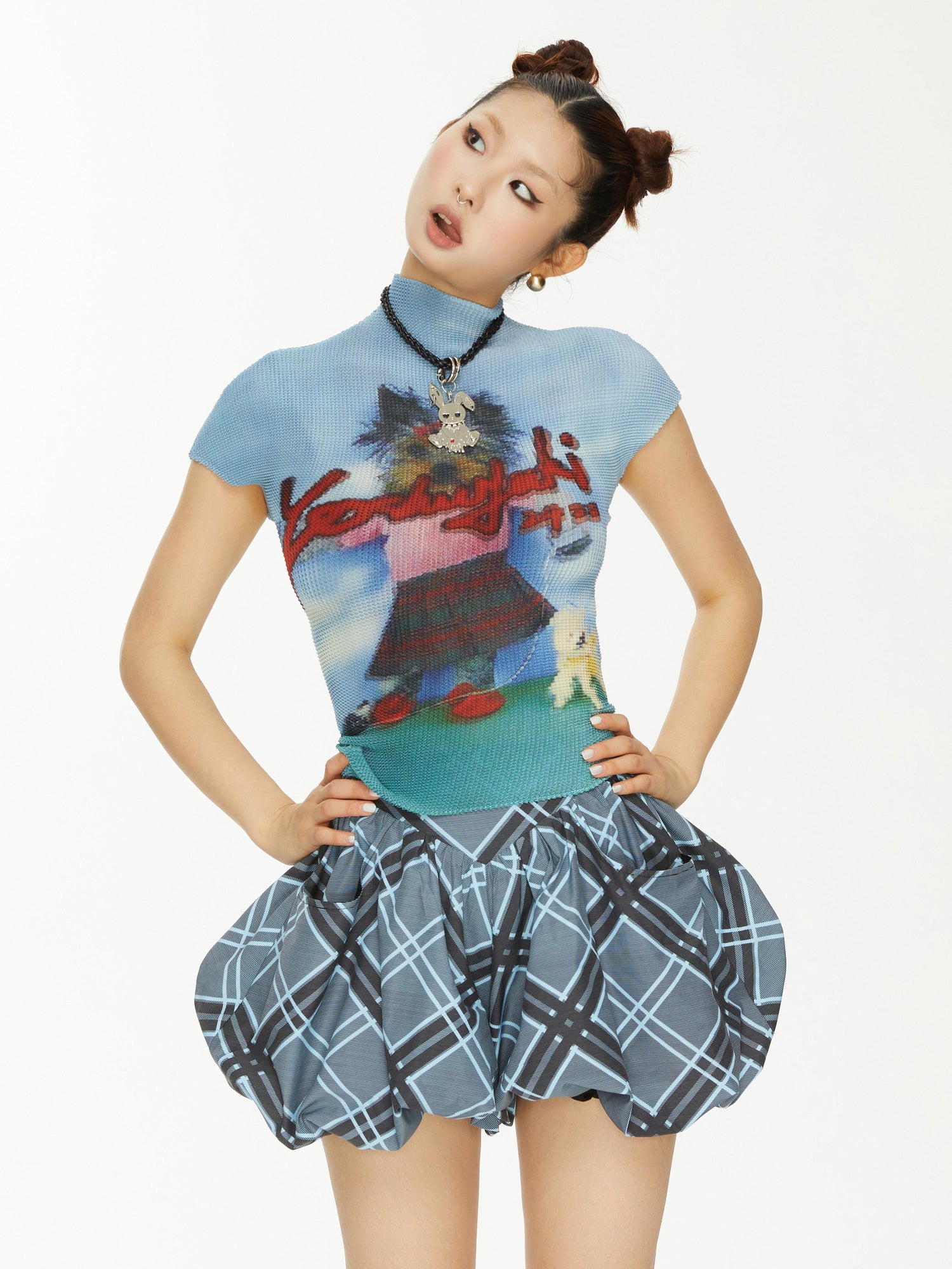 YOSHUYUKI Yoshuyuki Dancing Dog Print Stretch Ruffle Vintage Tee