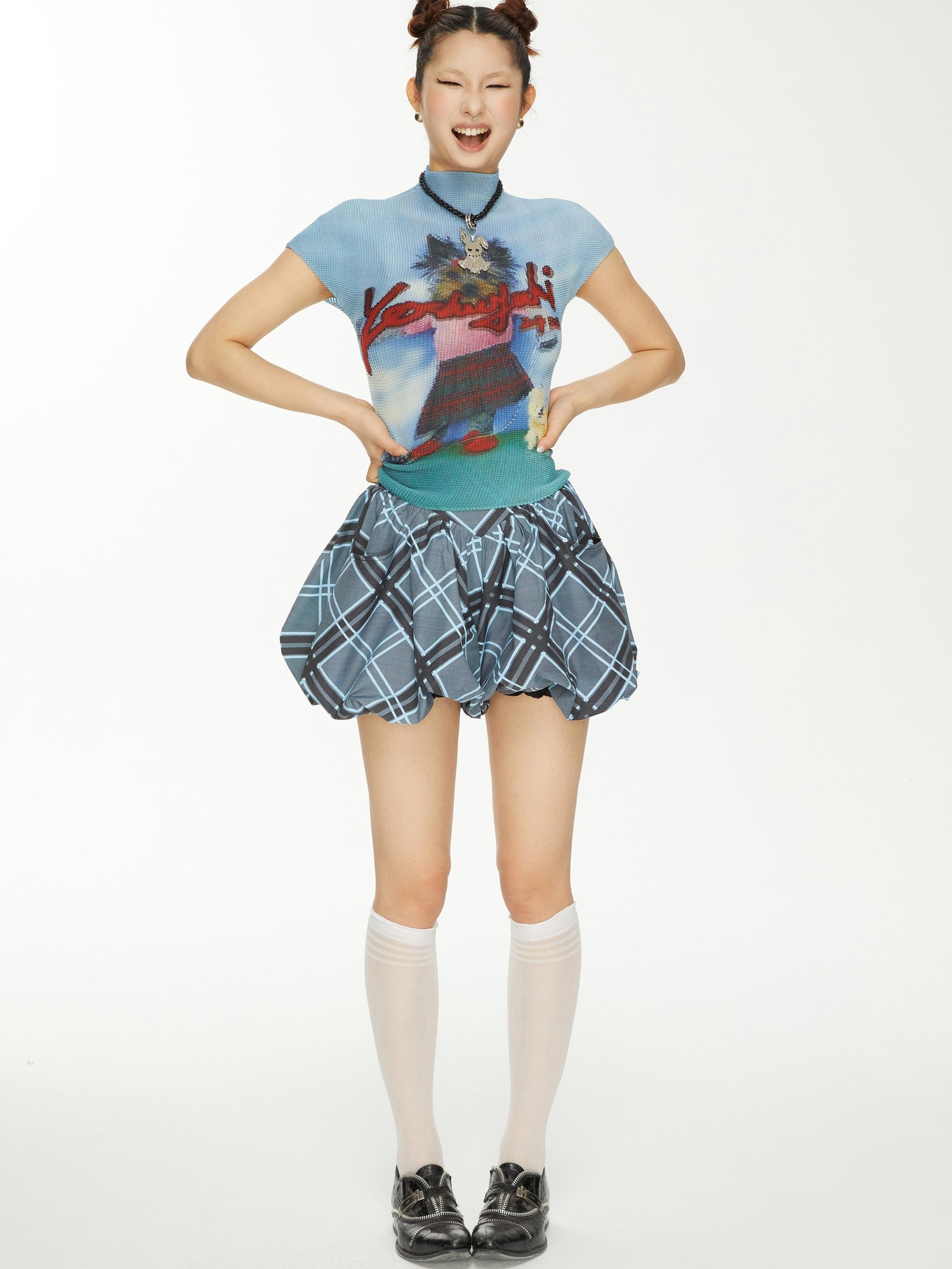 YOSHUYUKI Yoshuyuki Dancing Dog Print Stretch Ruffle Vintage Tee