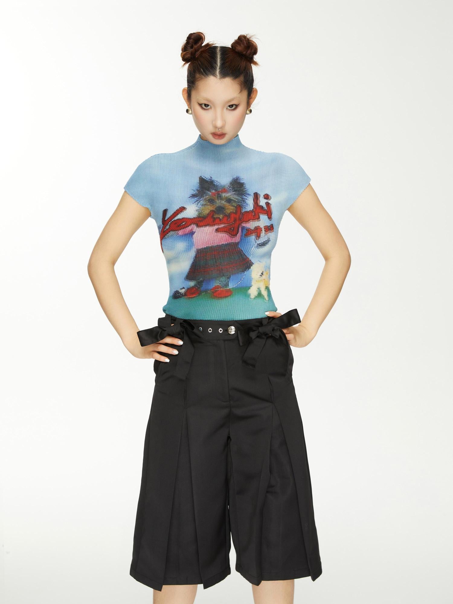 YOSHUYUKI Yoshuyuki Dancing Dog Print Stretch Ruffle Vintage Tee