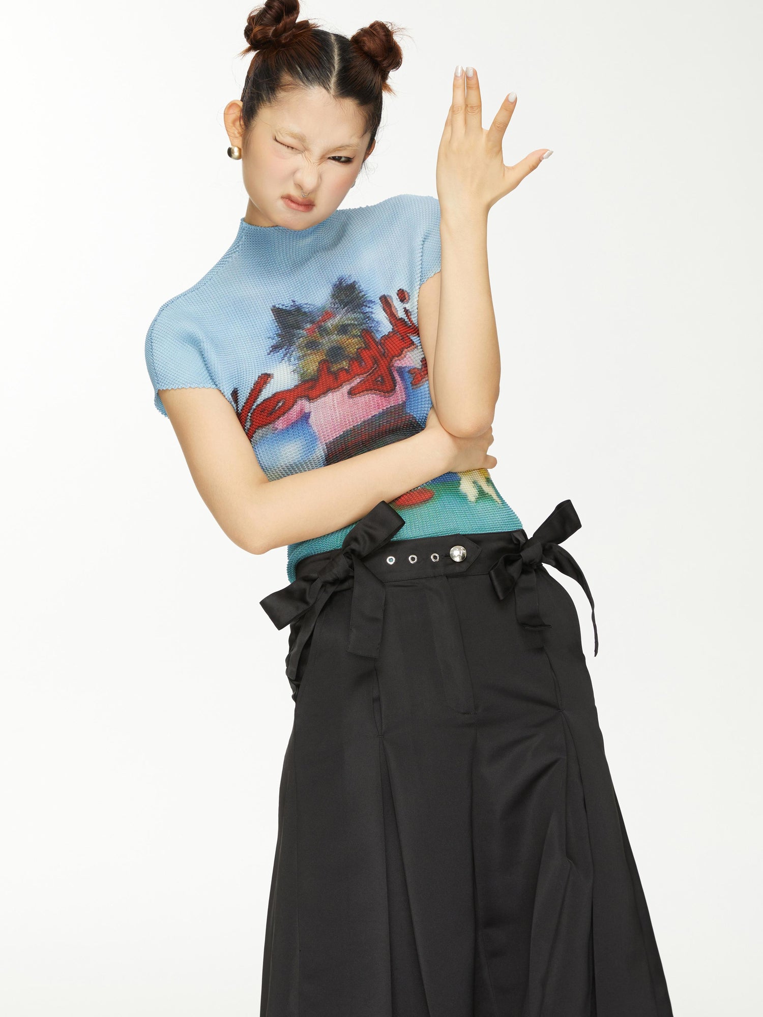 YOSHUYUKI Yoshuyuki Dancing Dog Print Stretch Ruffle Vintage Tee