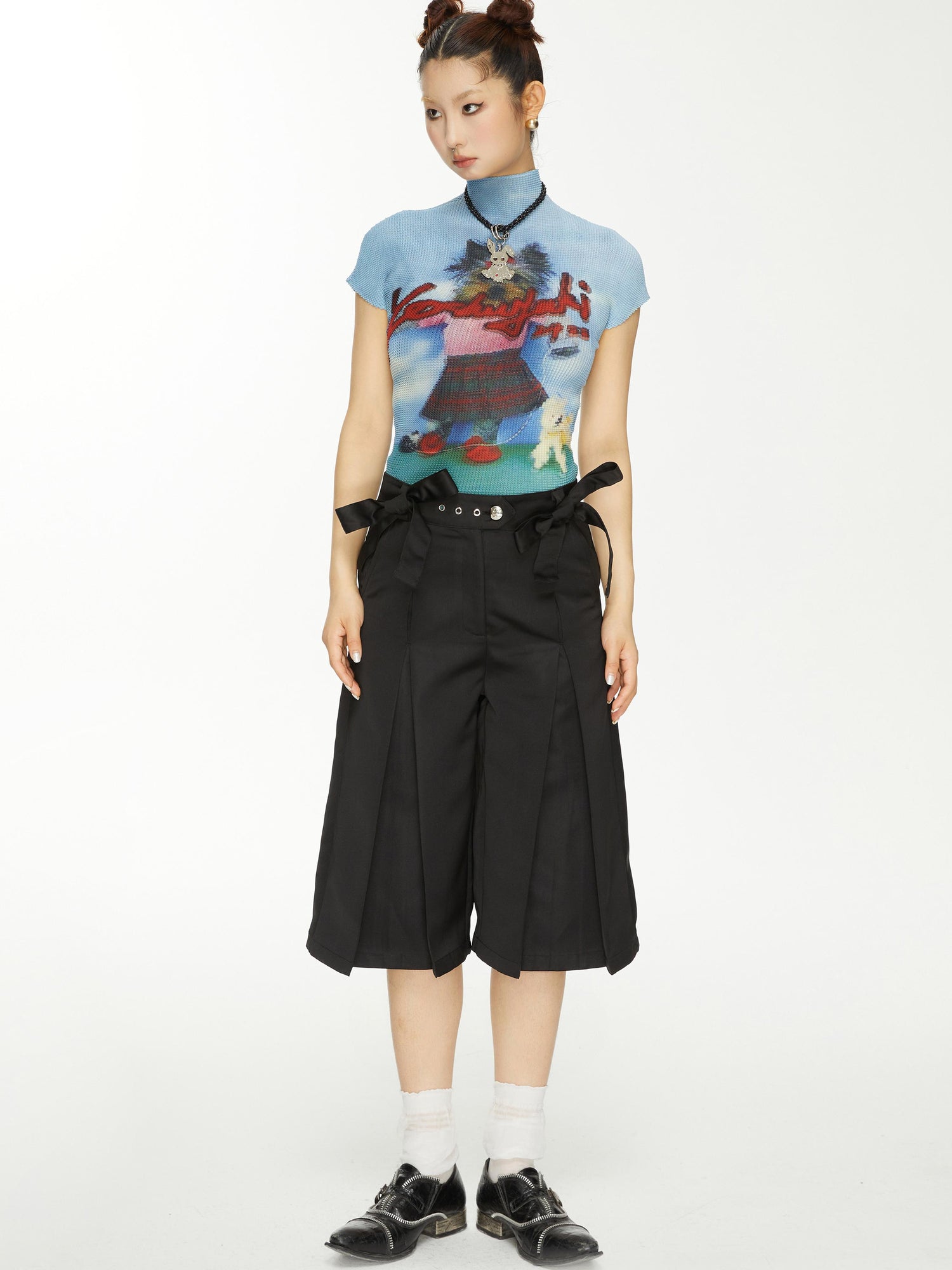YOSHUYUKI Yoshuyuki Dancing Dog Print Stretch Ruffle Vintage Tee