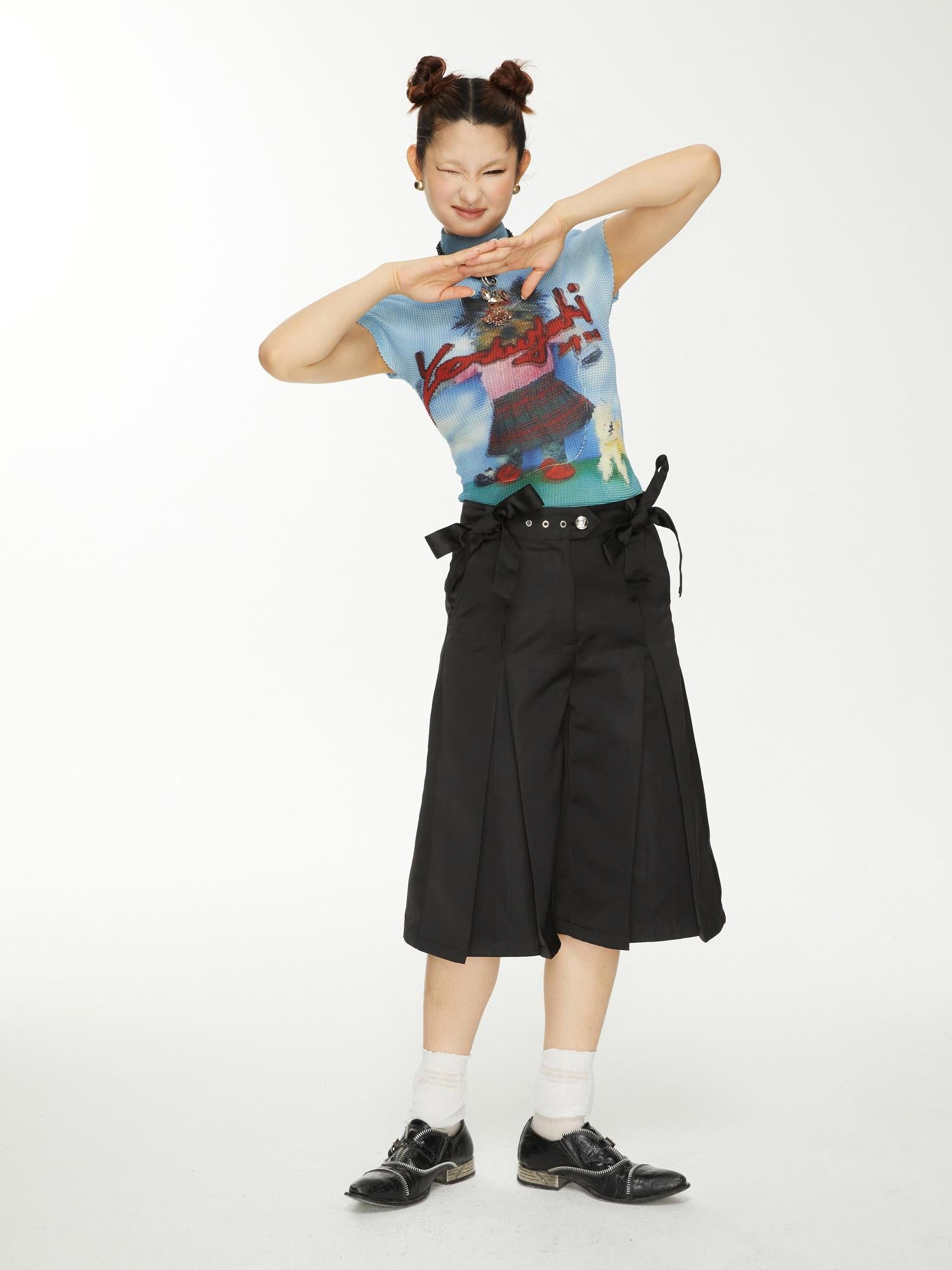 YOSHUYUKI Yoshuyuki Dancing Dog Print Stretch Ruffle Vintage Tee
