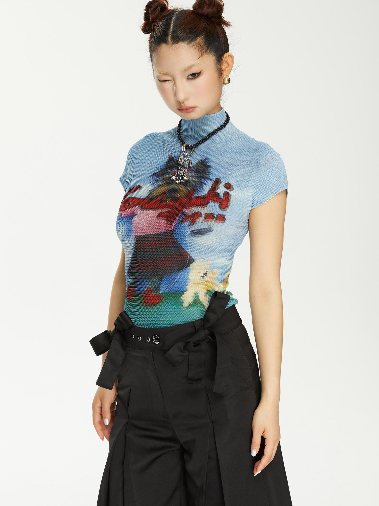 YOSHUYUKI Yoshuyuki Dancing Dog Print Stretch Ruffle Vintage Tee