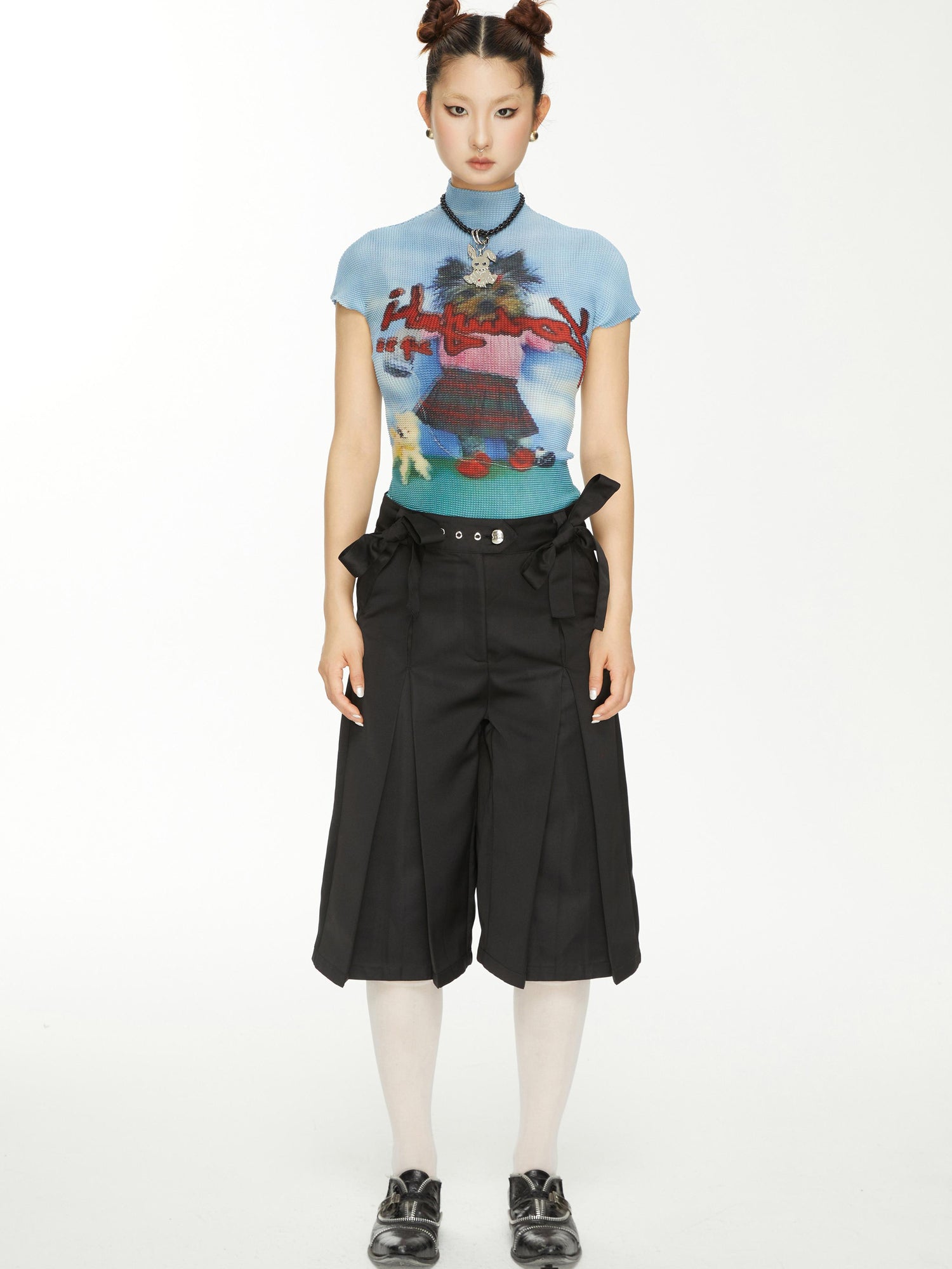 YOSHUYUKI Yoshuyuki Dancing Dog Print Stretch Ruffle Vintage Tee