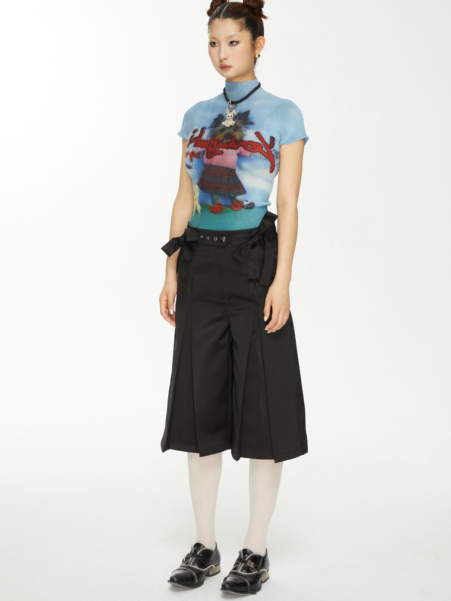 YOSHUYUKI Yoshuyuki Dancing Dog Print Stretch Ruffle Vintage Tee