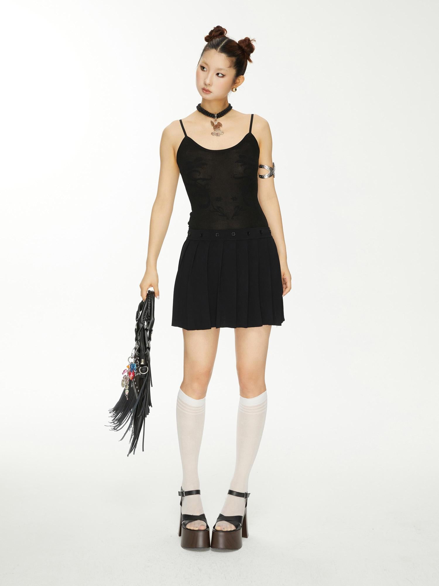 YOSHUYUKI Yoshuyuki Jacquard Slip Dress Convertible Knit Gown Black White