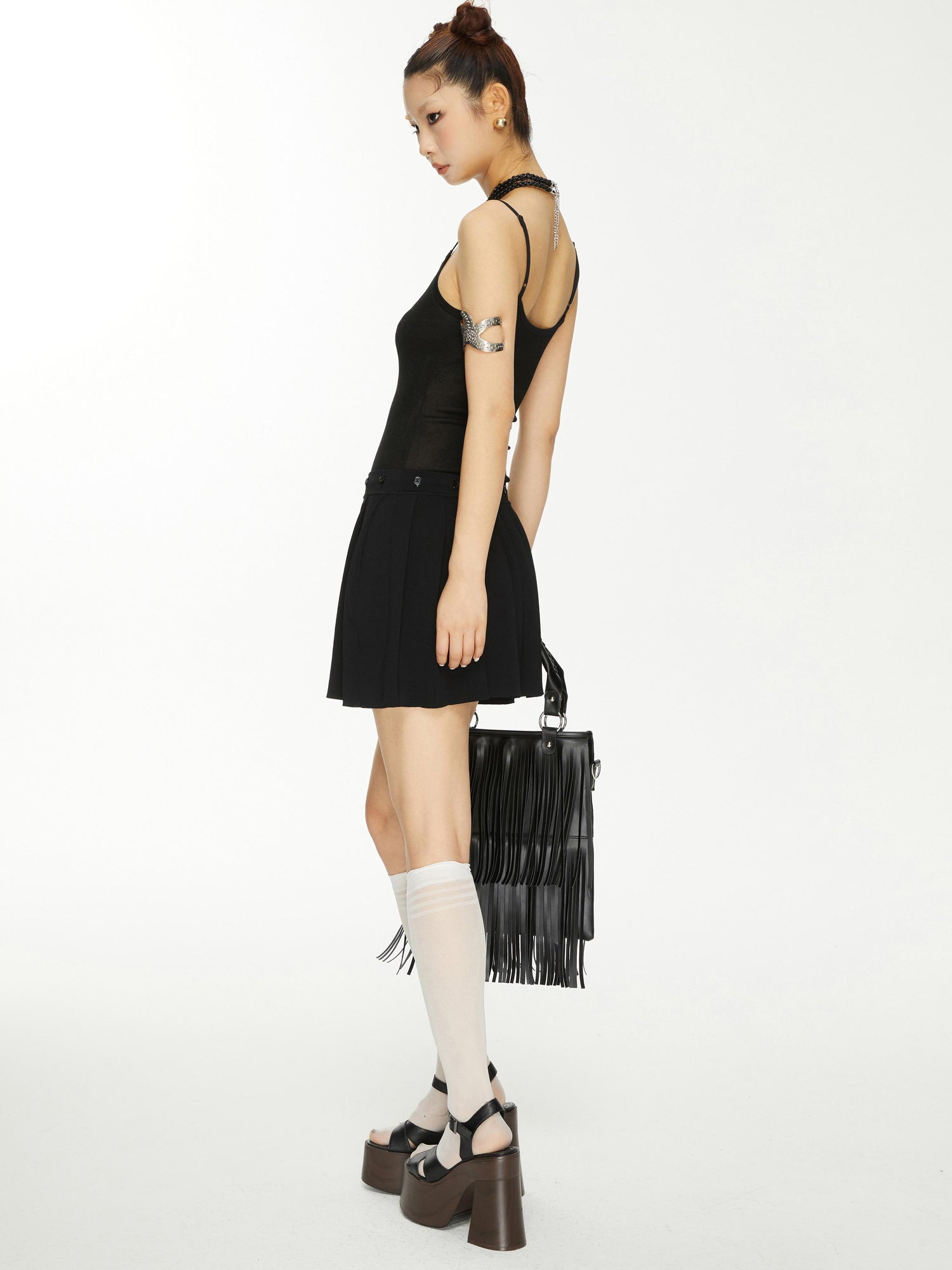 YOSHUYUKI Yoshuyuki Jacquard Slip Dress Convertible Knit Gown Black White