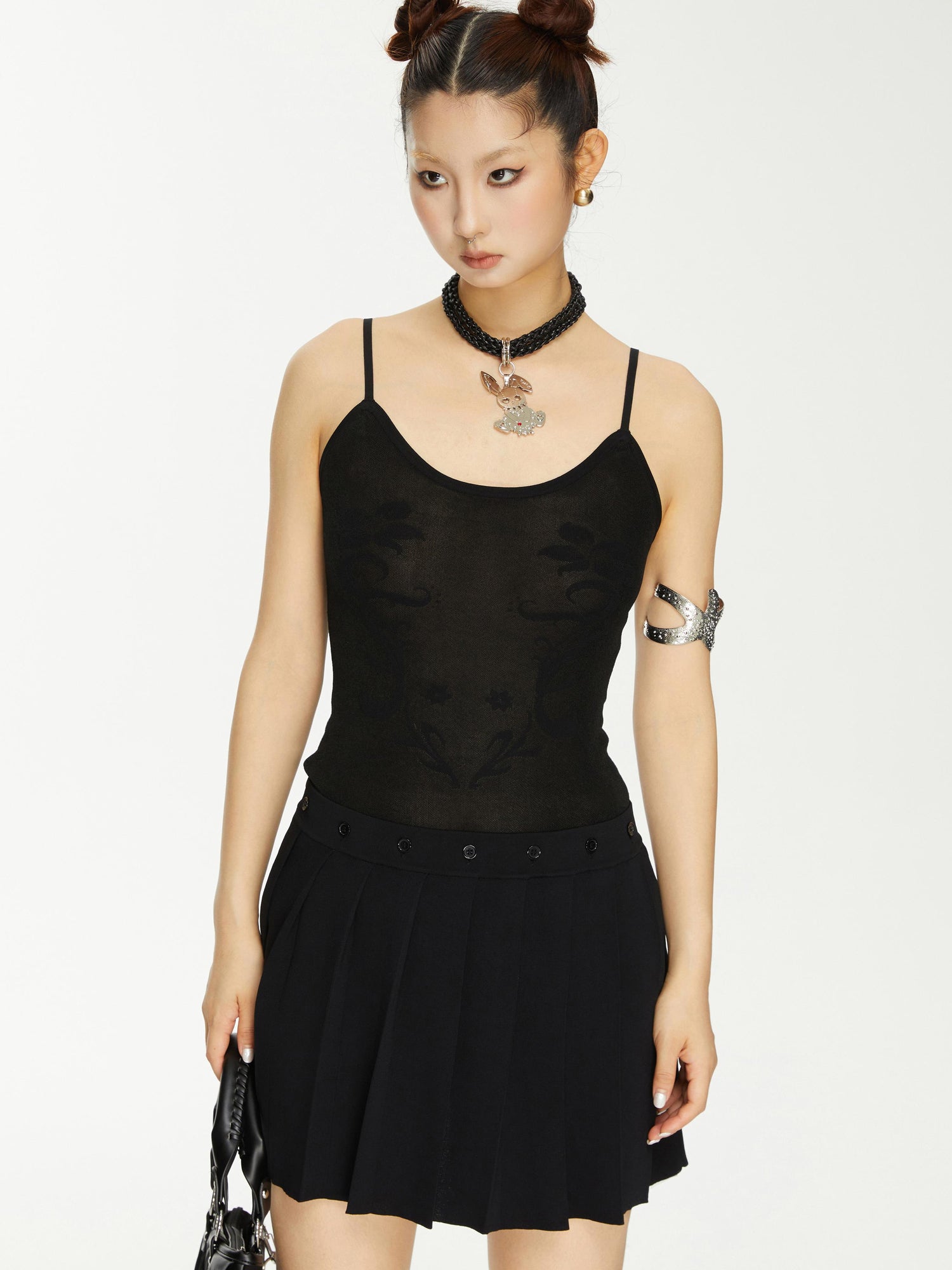 YOSHUYUKI Yoshuyuki Jacquard Slip Dress Convertible Knit Gown Black White