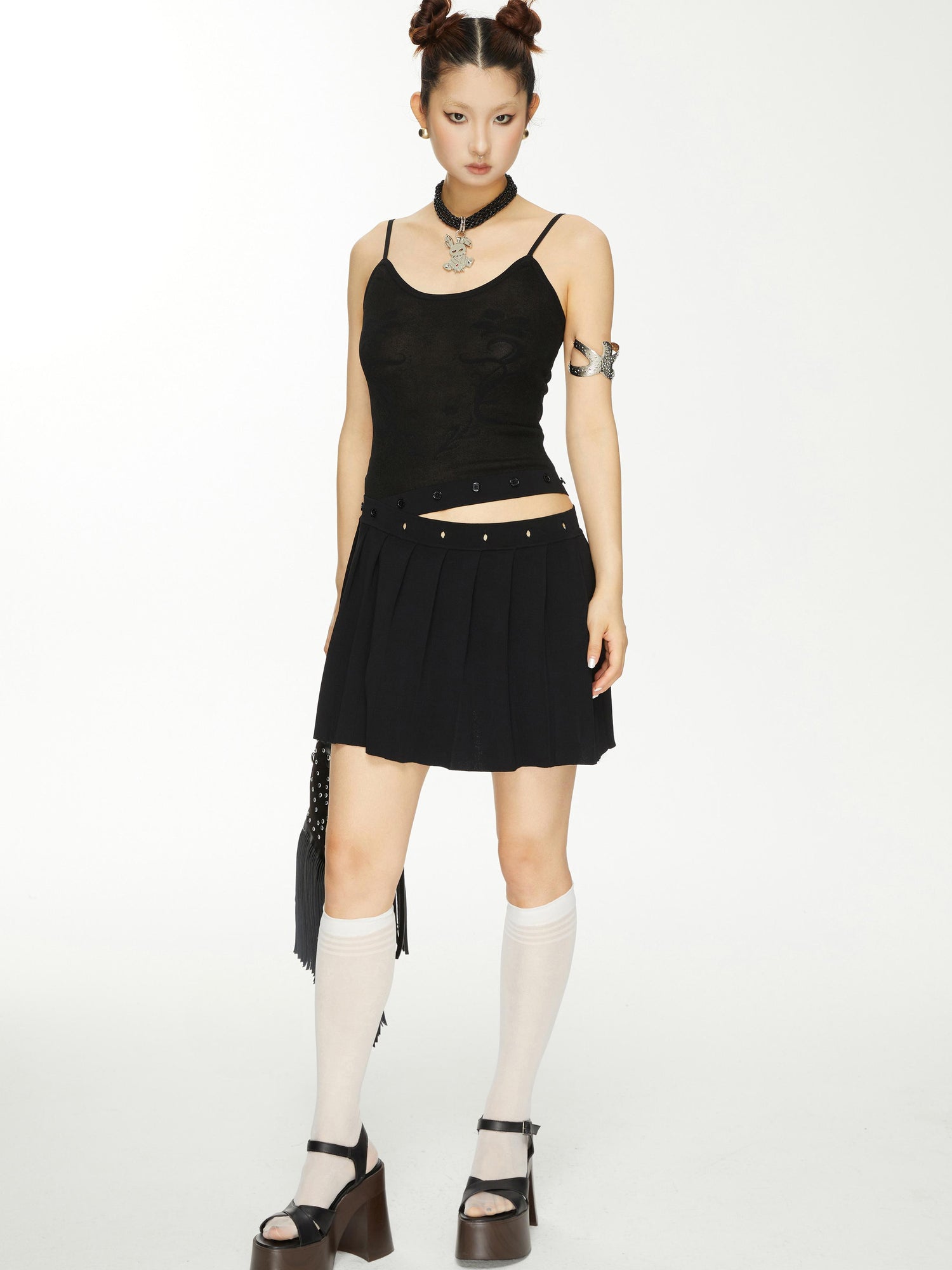 YOSHUYUKI Yoshuyuki Jacquard Slip Dress Convertible Knit Gown Black White