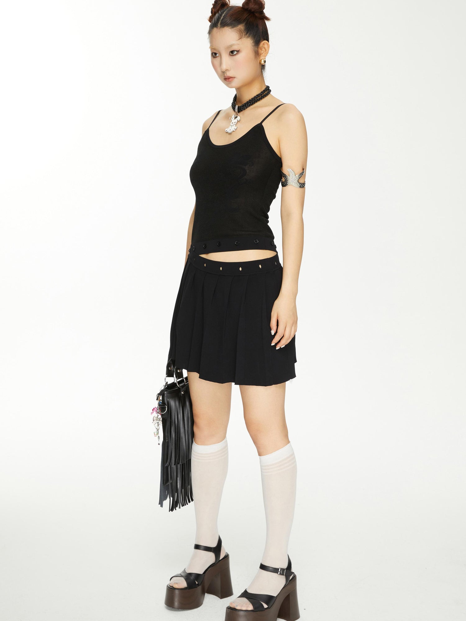 YOSHUYUKI Yoshuyuki Jacquard Slip Dress Convertible Knit Gown Black White