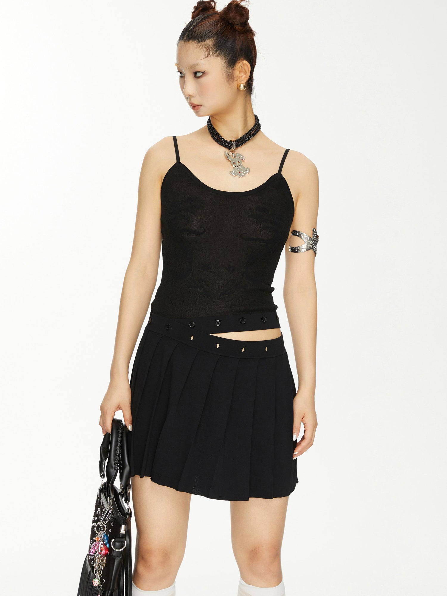YOSHUYUKI Yoshuyuki Jacquard Slip Dress Convertible Knit Gown Black White