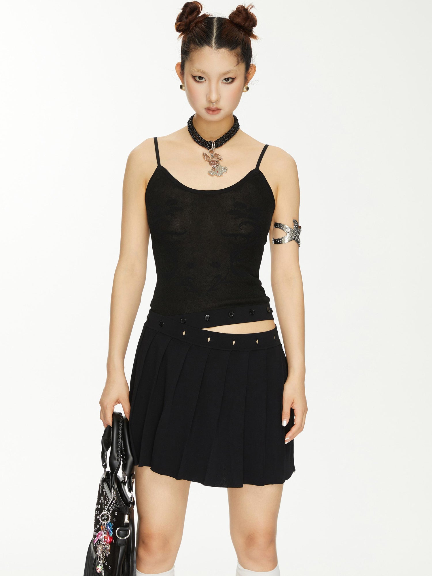 YOSHUYUKI Yoshuyuki Jacquard Slip Dress Convertible Knit Gown Black White