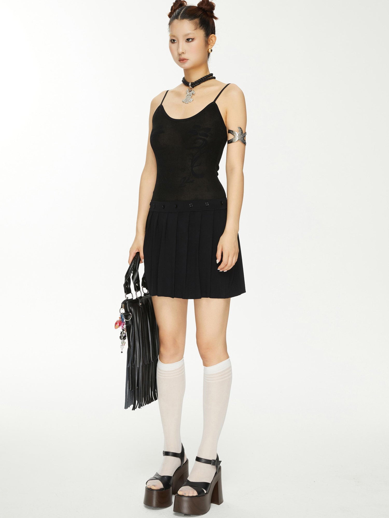 YOSHUYUKI Yoshuyuki Jacquard Slip Dress Convertible Knit Gown Black White