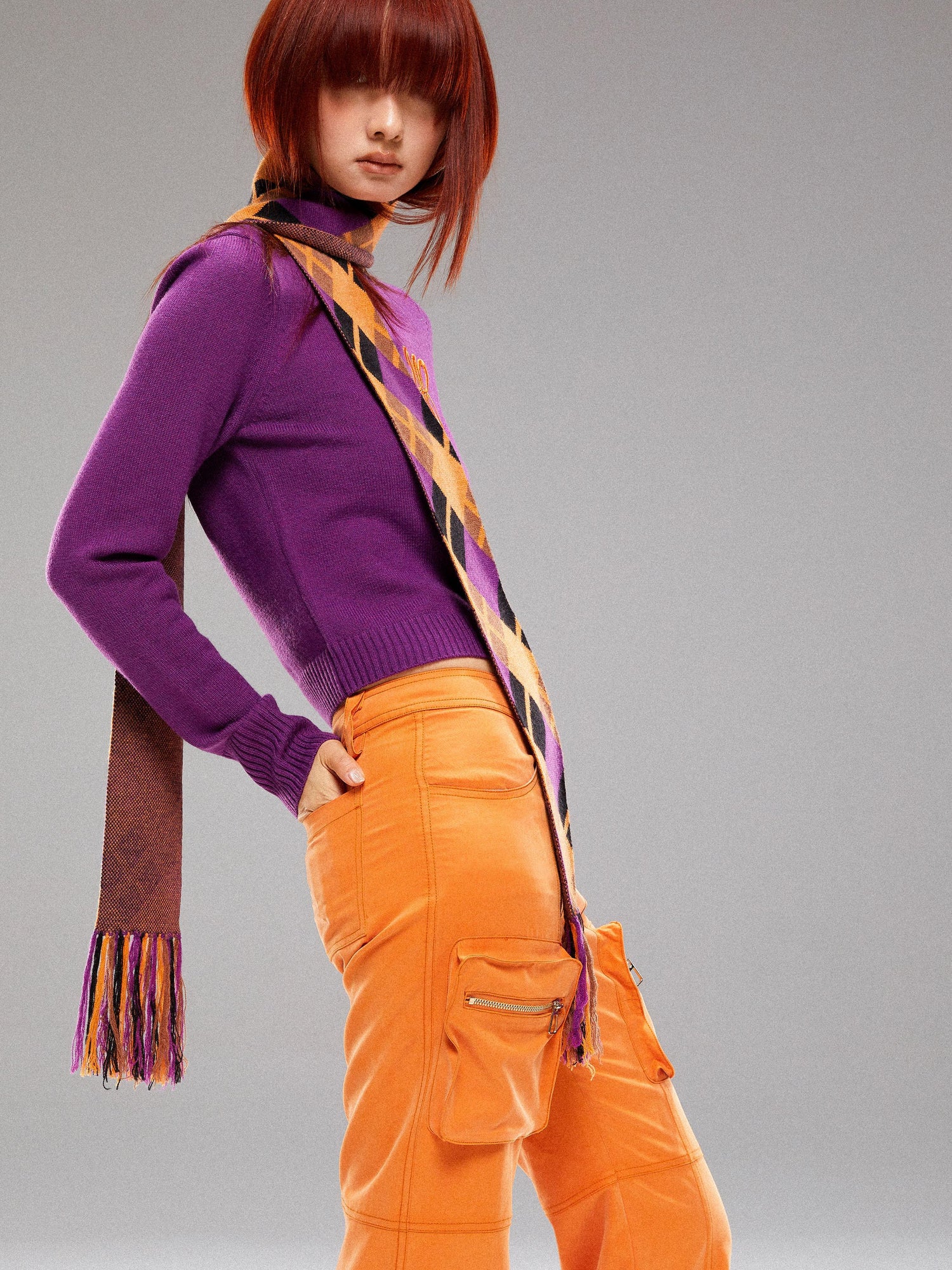 YOSHUYUKI Island Contrast Check Scarf Orange Purple Jacquard Knit