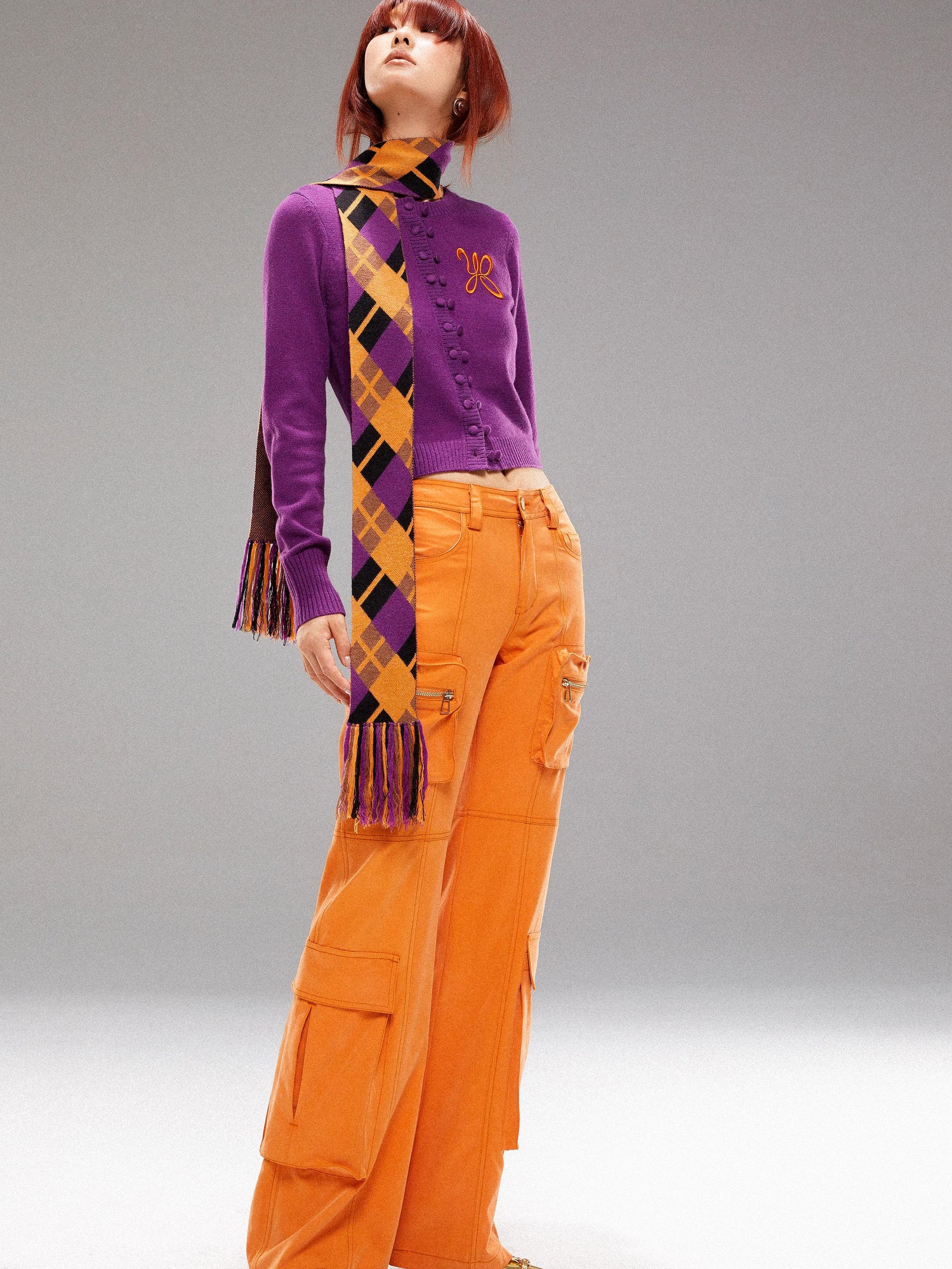 YOSHUYUKI Island Contrast Check Scarf Orange Purple Jacquard Knit
