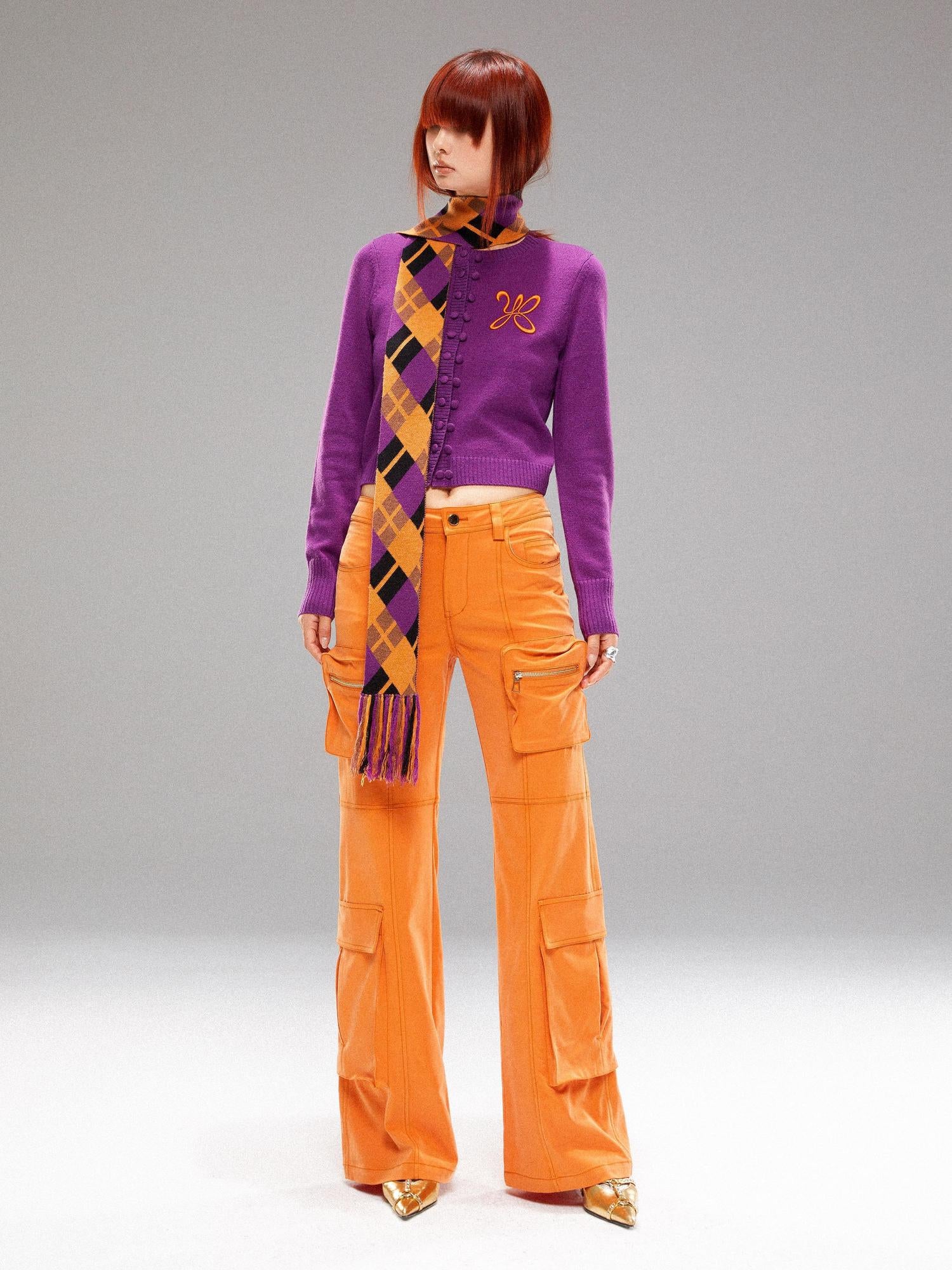 YOSHUYUKI Island Contrast Check Scarf Orange Purple Jacquard Knit