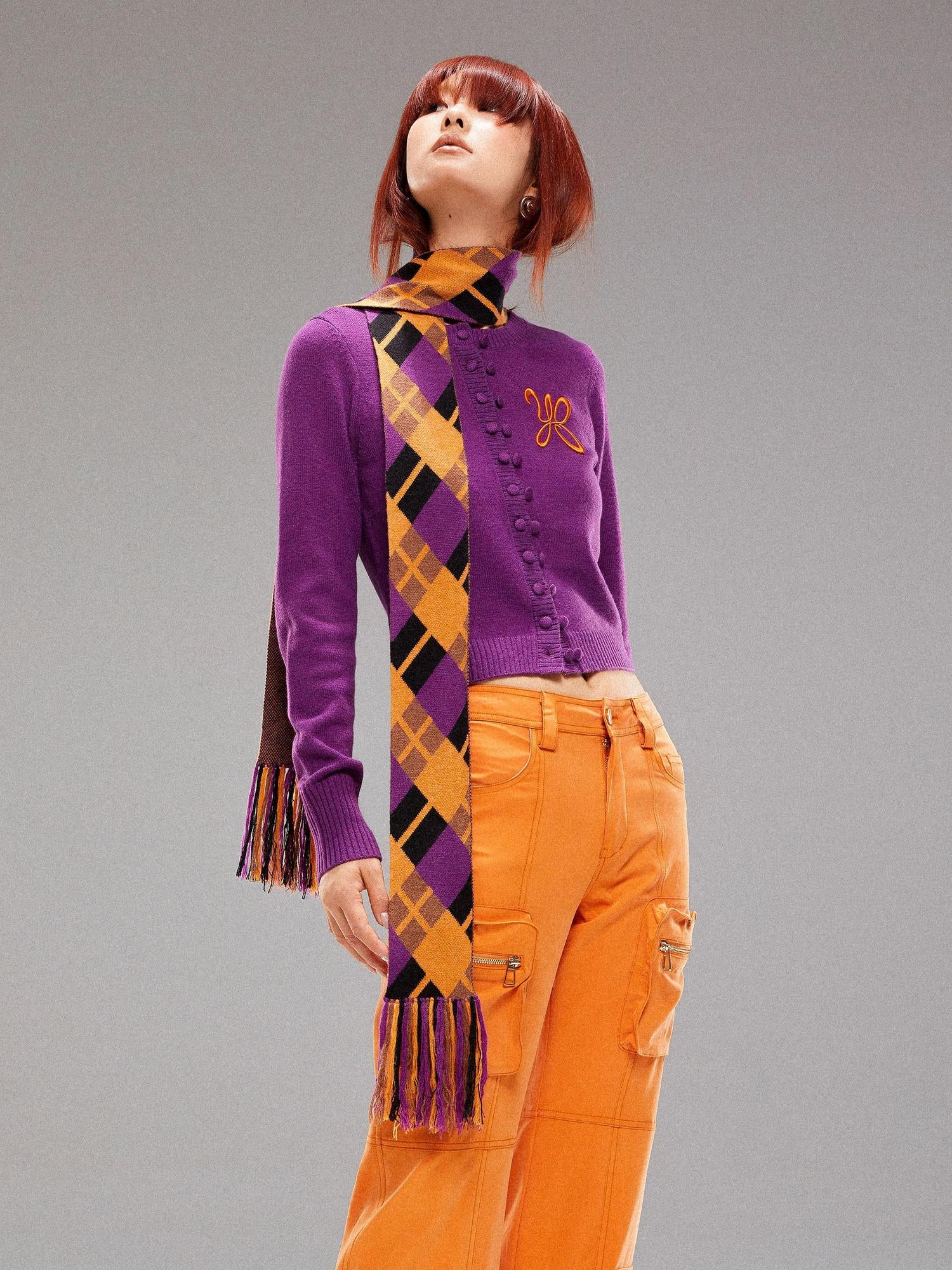 YOSHUYUKI Island Contrast Check Scarf Orange Purple Jacquard Knit