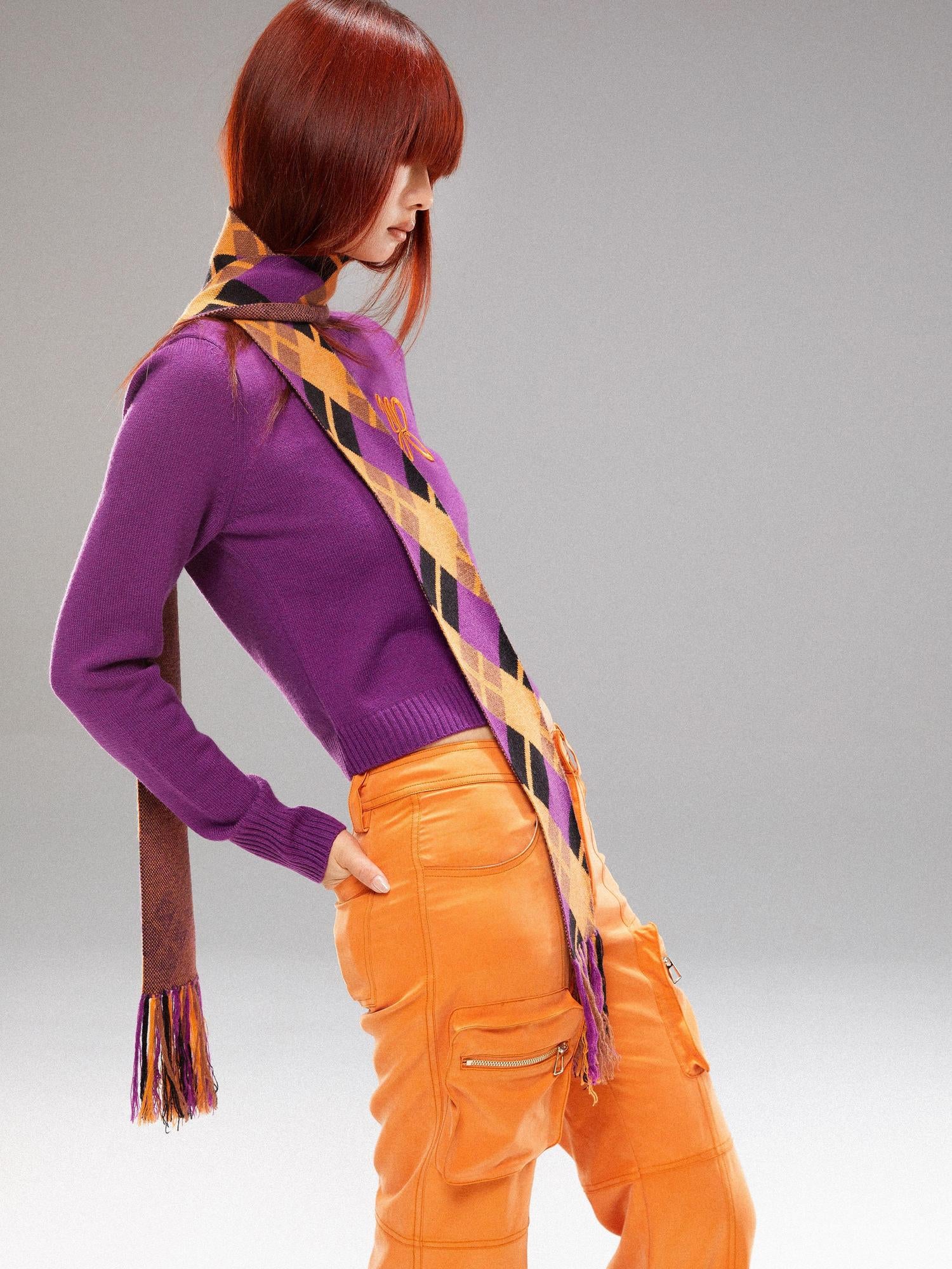 YOSHUYUKI Island Contrast Check Scarf Orange Purple Jacquard Knit