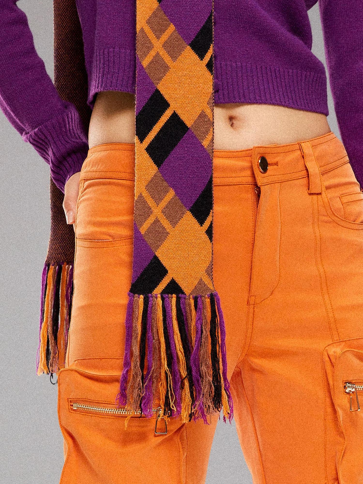 YOSHUYUKI Island Contrast Check Scarf Orange Purple Jacquard Knit