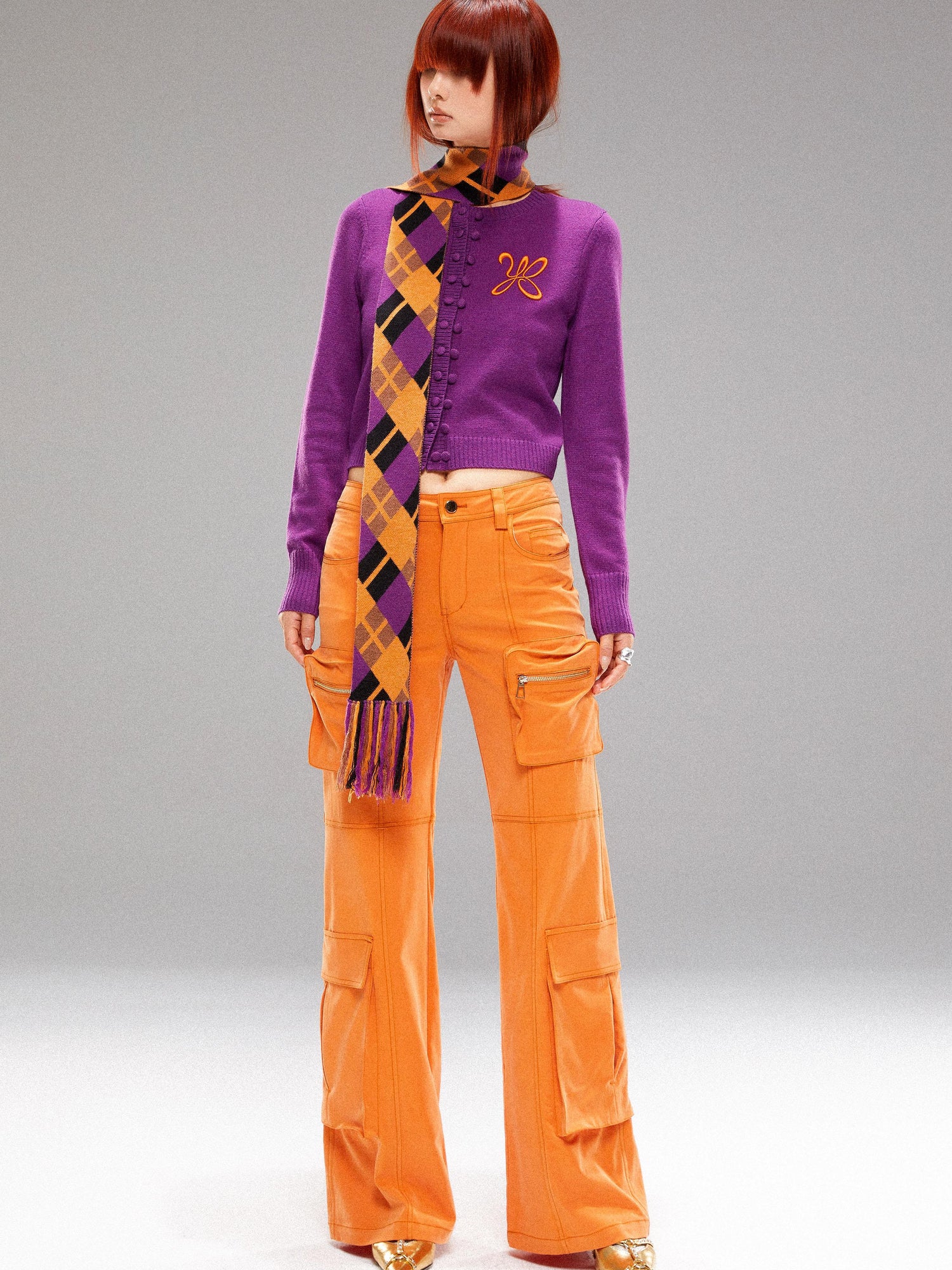 YOSHUYUKI Island Contrast Check Scarf Orange Purple Jacquard Knit