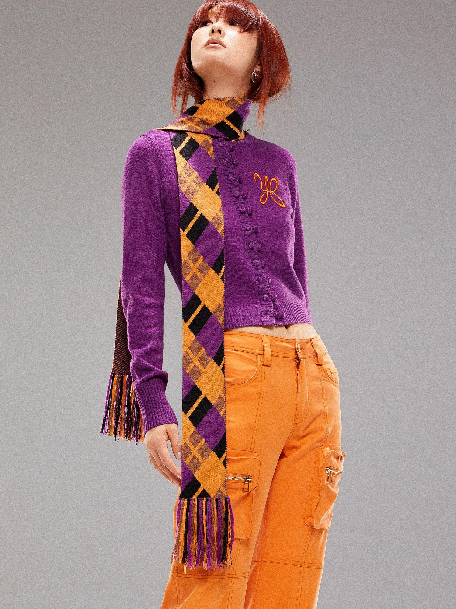 YOSHUYUKI Island Contrast Check Scarf Orange Purple Jacquard Knit