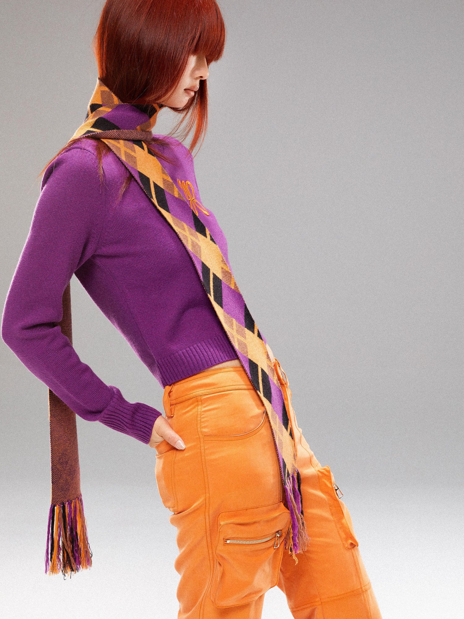 YOSHUYUKI Island Contrast Check Scarf Orange Purple Jacquard Knit
