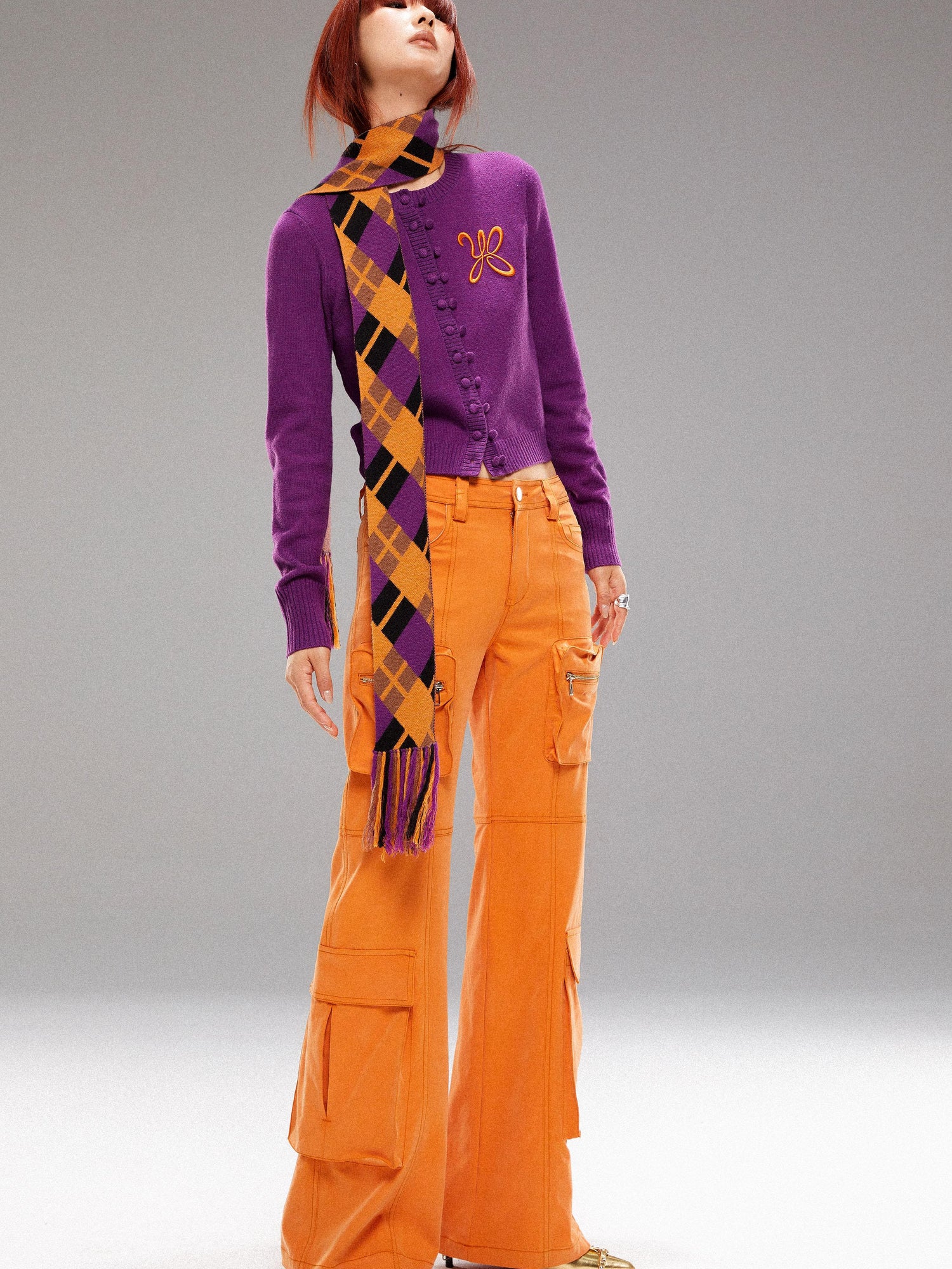 YOSHUYUKI Island Contrast Check Scarf Orange Purple Jacquard Knit