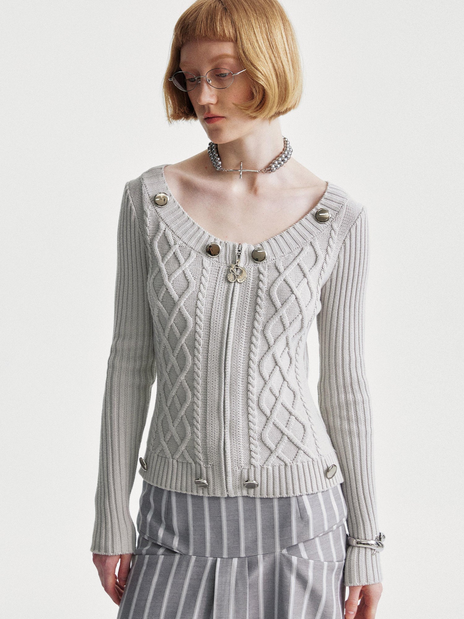 YOSHUYUKI Ysy K Cable Knit Crewneck Sweater Grey Cotton Cardigan