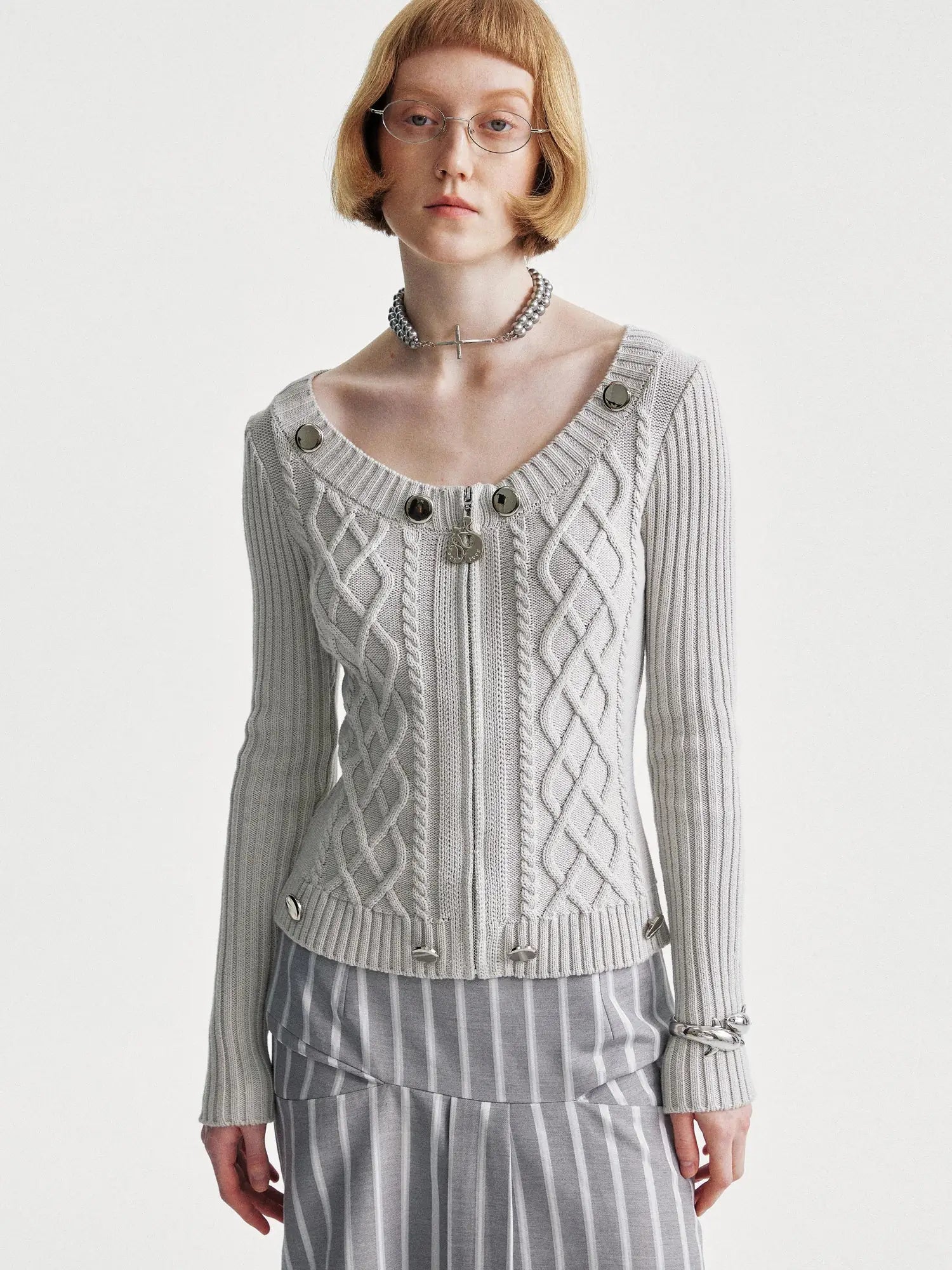 Cable Knit Crewneck Sweater Grey Cotton Cardigan