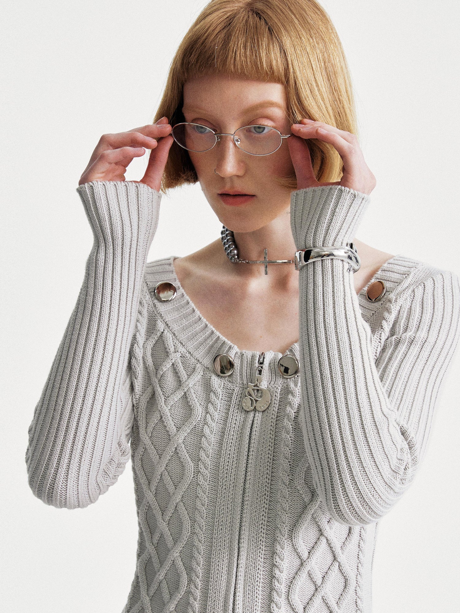 YOSHUYUKI Ysy K Cable Knit Crewneck Sweater Grey Cotton Cardigan