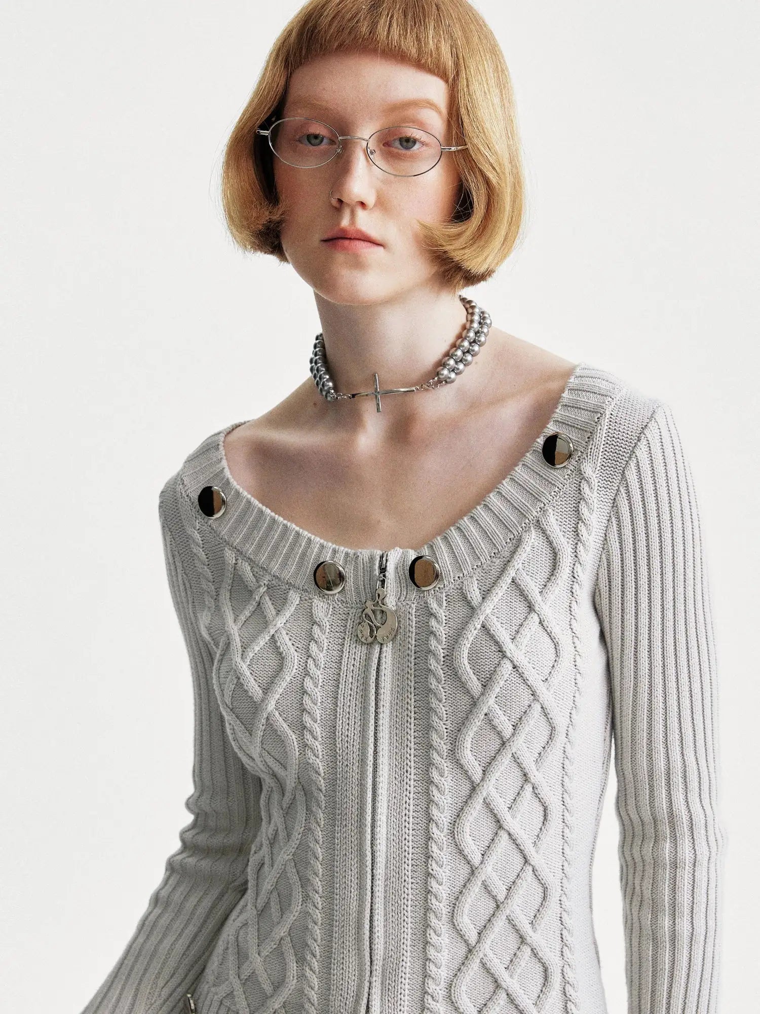 Cable Knit Crewneck Sweater Grey Cotton Cardigan