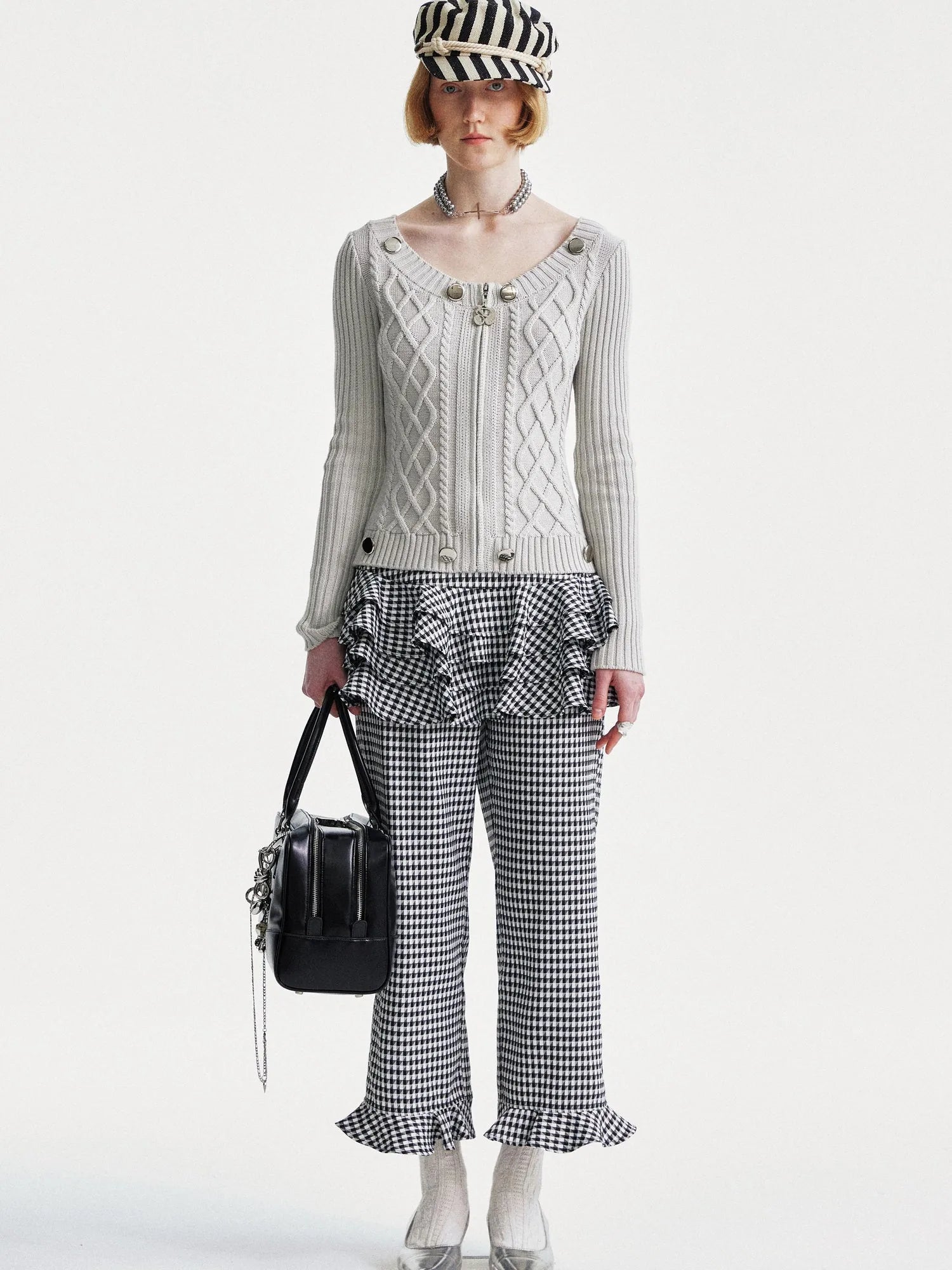 Cable Knit Crewneck Sweater Grey Cotton Cardigan