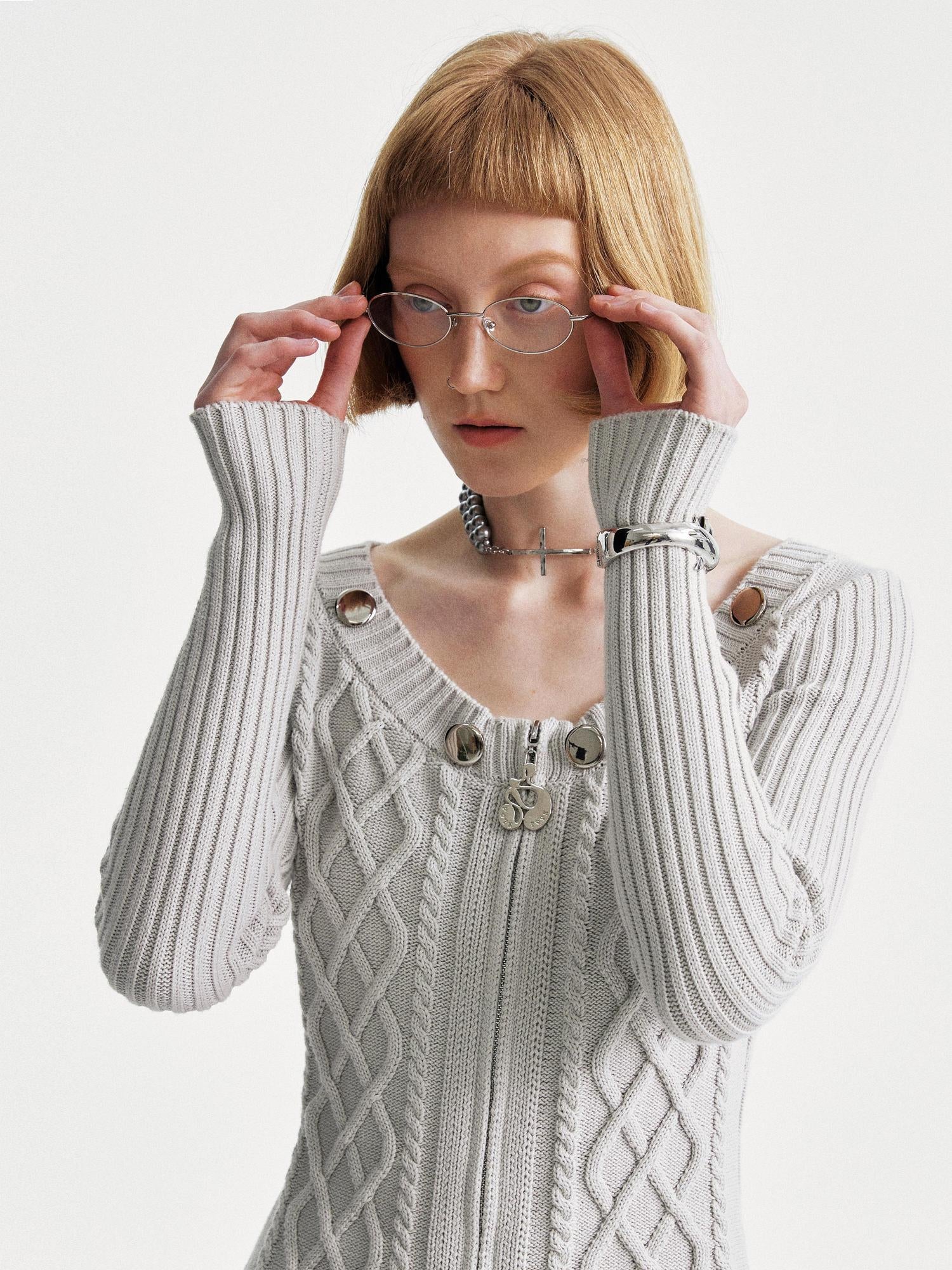 YOSHUYUKI Ysy K Cable Knit Crewneck Sweater Grey Cotton Cardigan