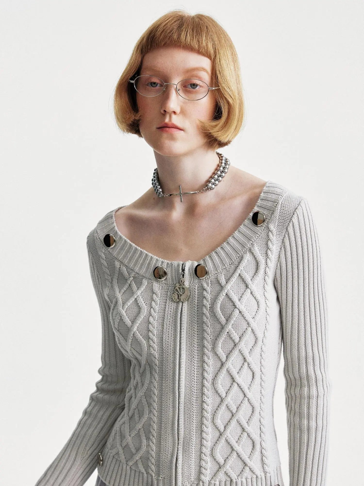 Cable Knit Crewneck Sweater Grey Cotton Cardigan