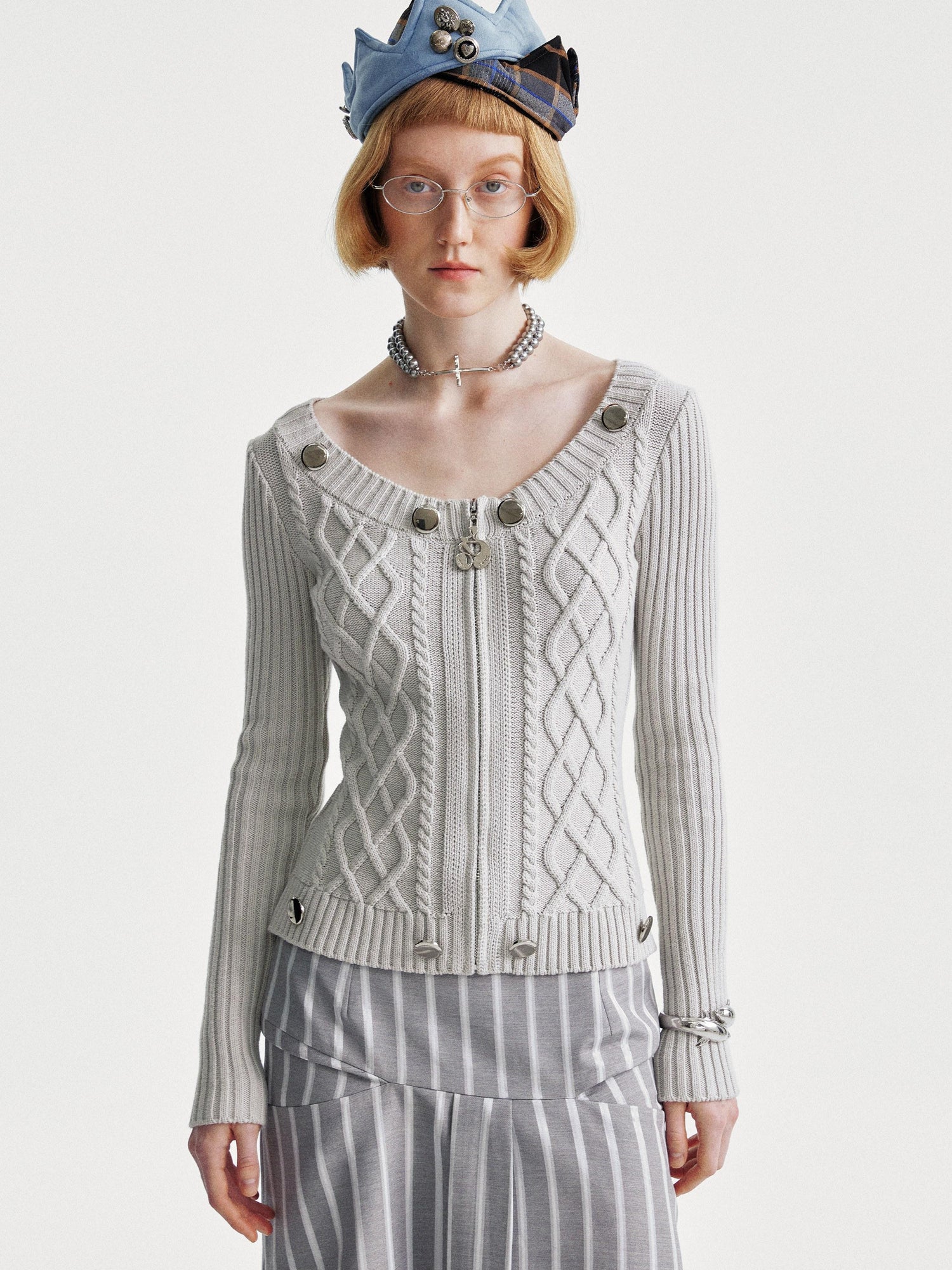 YOSHUYUKI Ysy K Cable Knit Crewneck Sweater Grey Cotton Cardigan