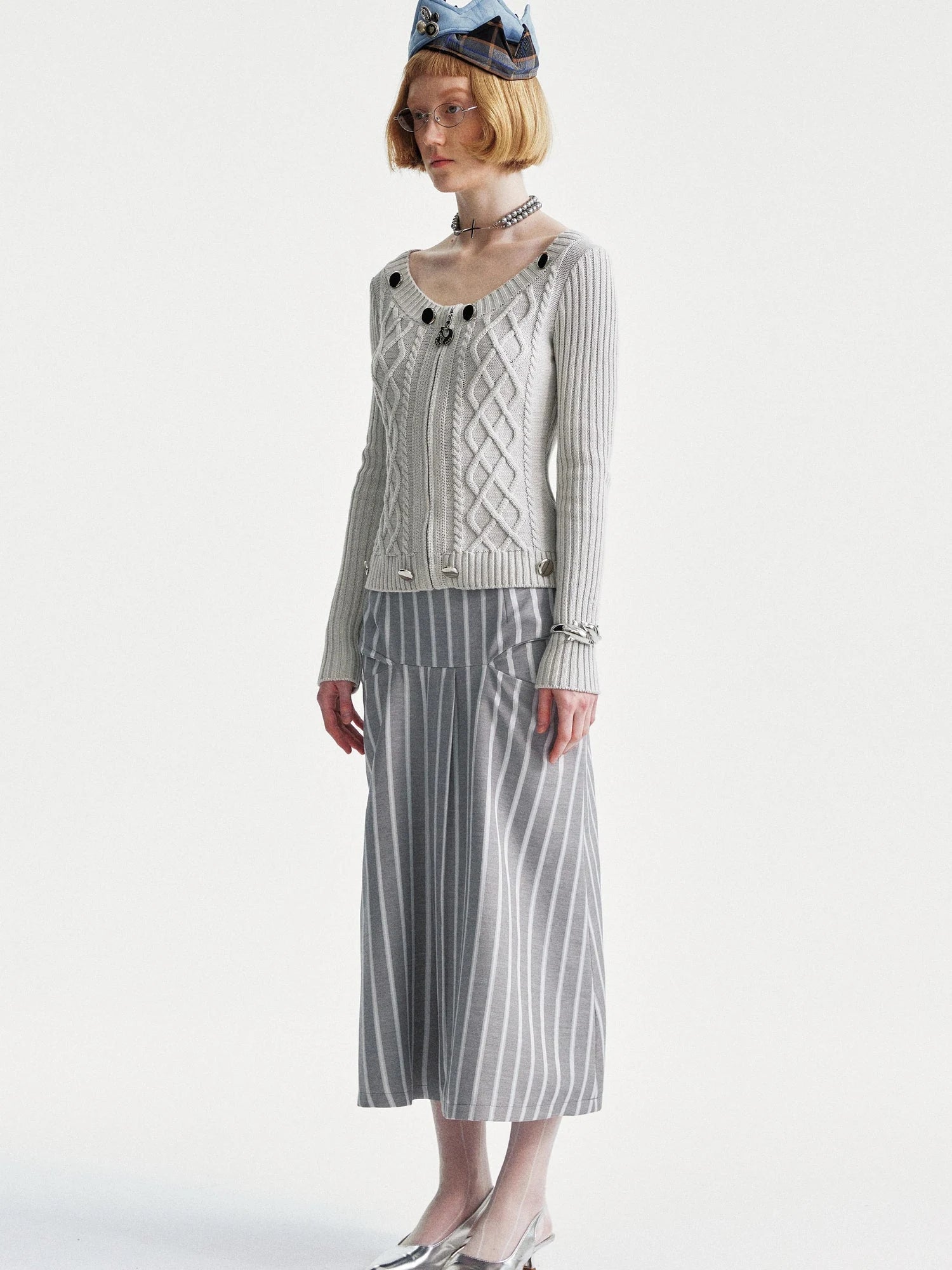 Cable Knit Crewneck Sweater Grey Cotton Cardigan