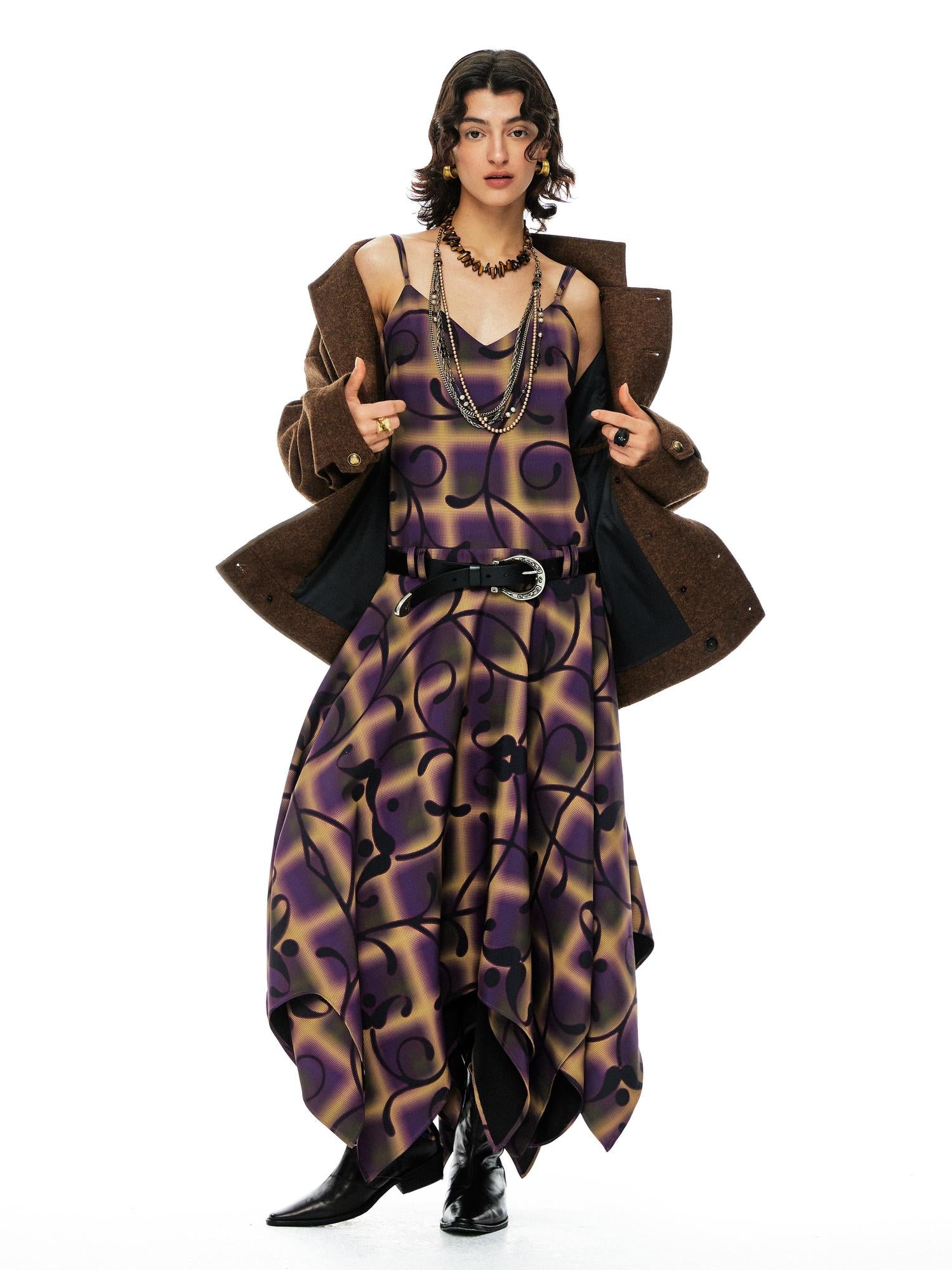 YOSHUYUKI Floral Print Asymmetric Hem Slip Dress