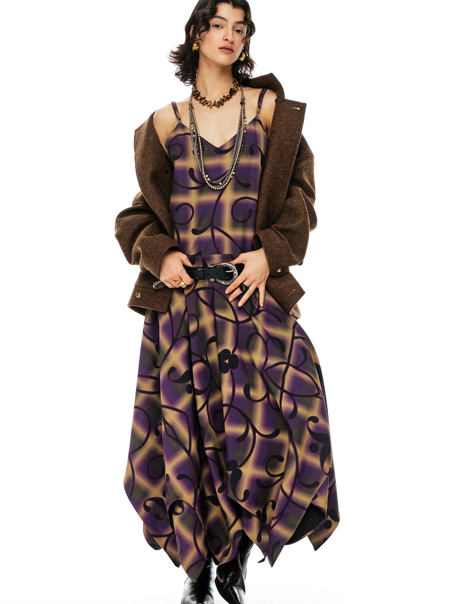 YOSHUYUKI Floral Print Asymmetric Hem Slip Dress