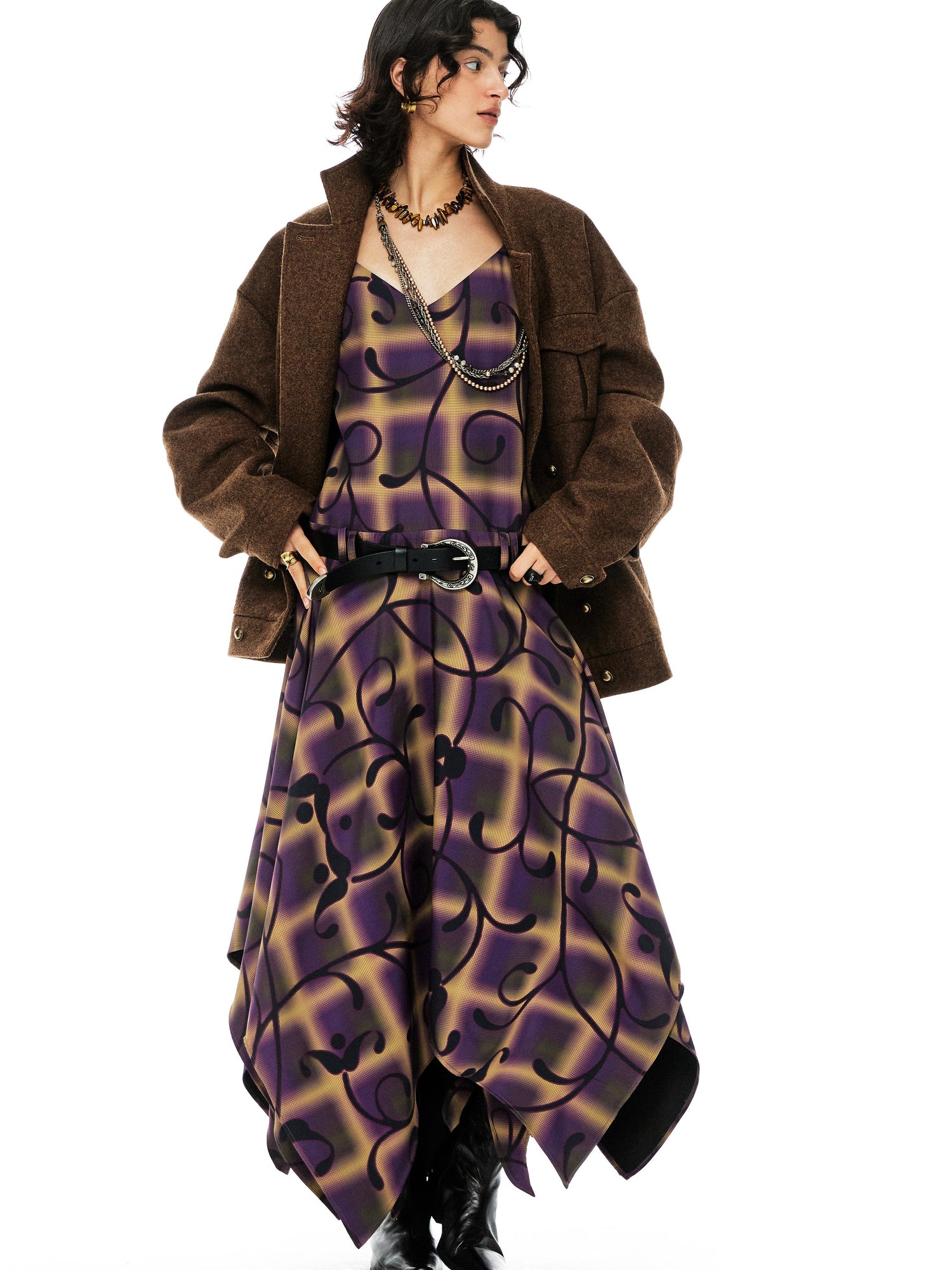 YOSHUYUKI Floral Print Asymmetric Hem Slip Dress