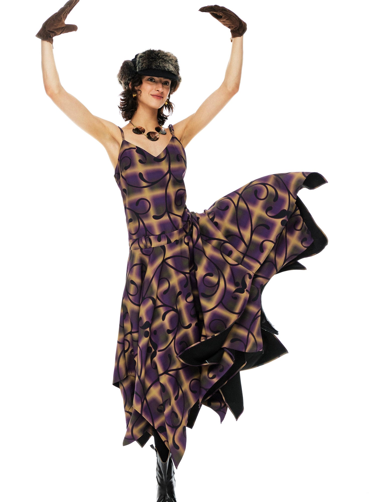YOSHUYUKI Floral Print Asymmetric Hem Slip Dress