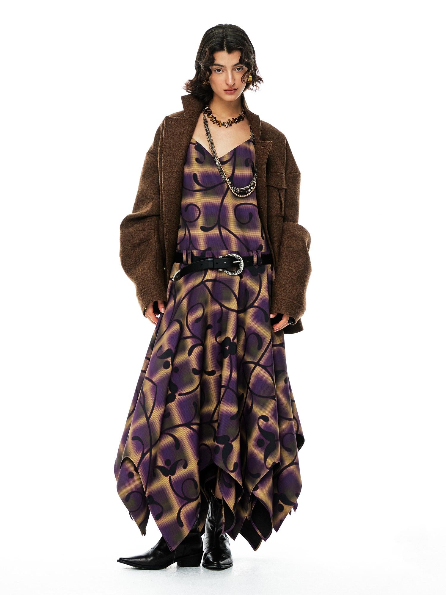 YOSHUYUKI Floral Print Asymmetric Hem Slip Dress