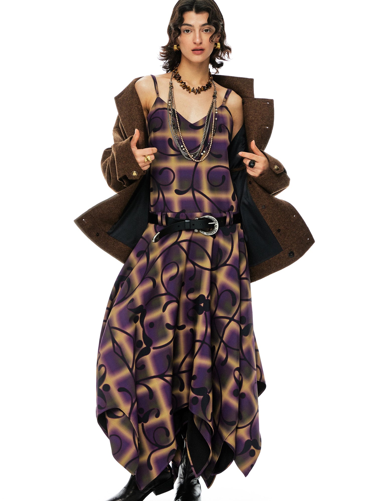 YOSHUYUKI Floral Print Asymmetric Hem Slip Dress