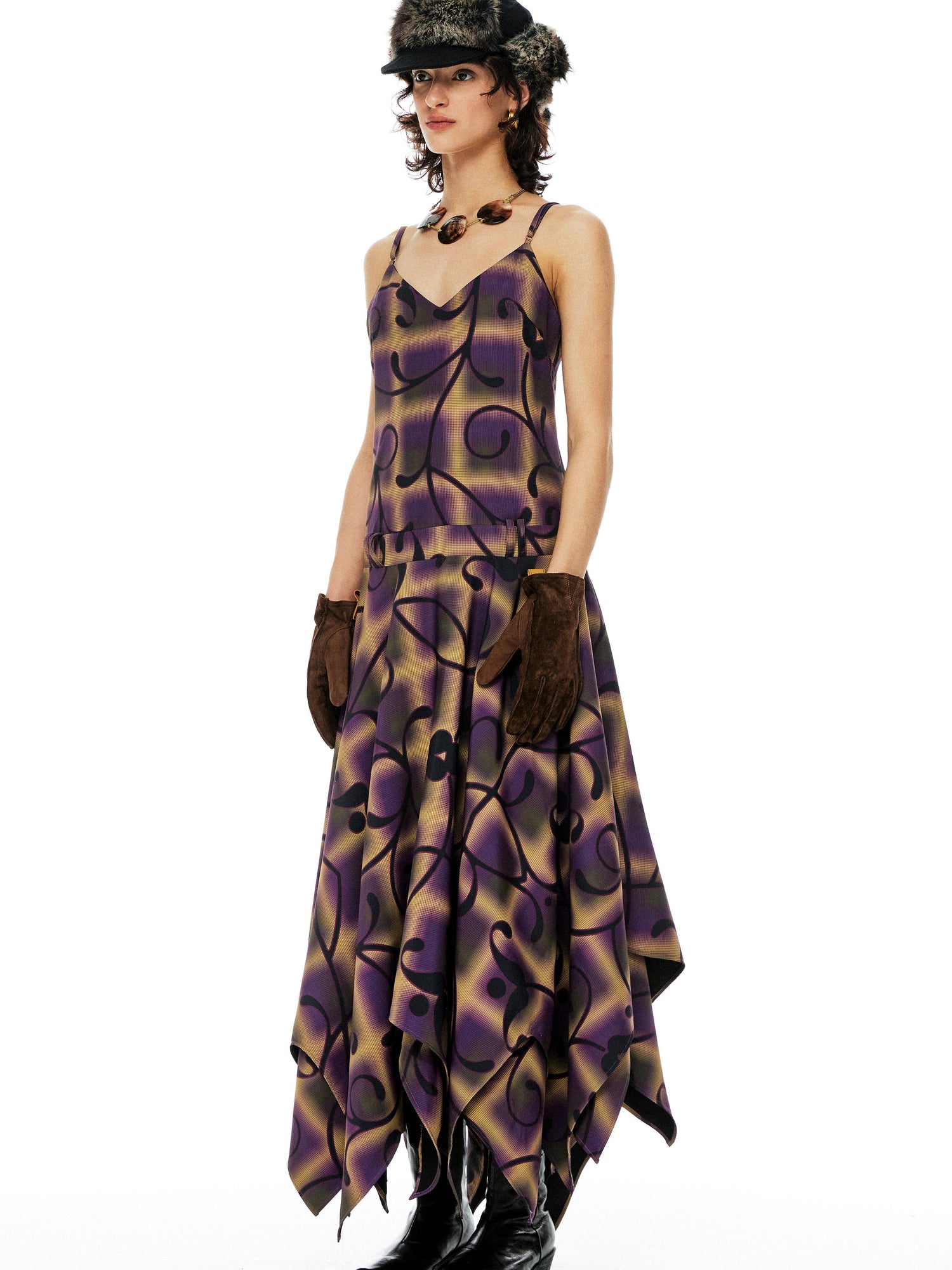 YOSHUYUKI Floral Print Asymmetric Hem Slip Dress