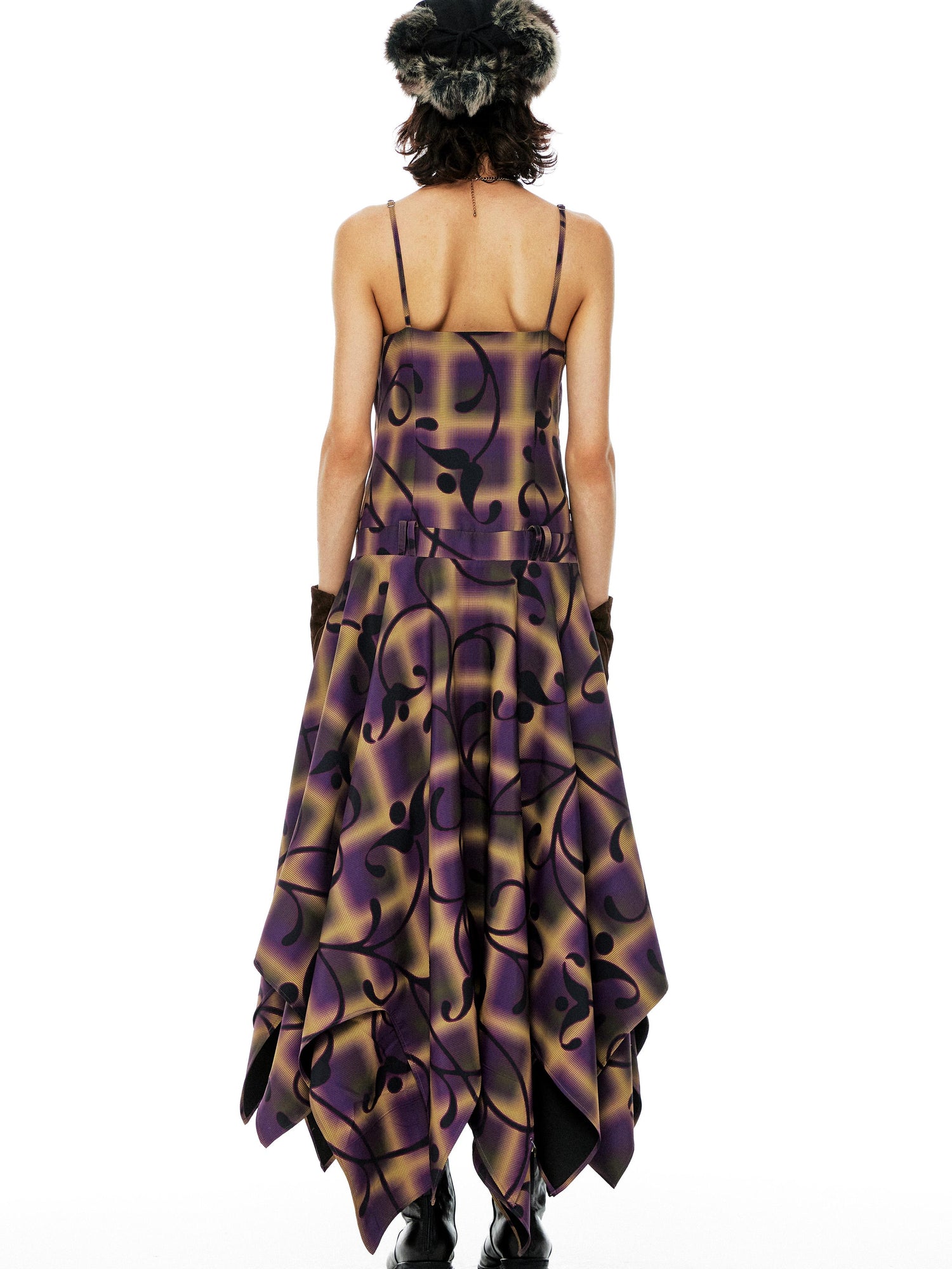 YOSHUYUKI Floral Print Asymmetric Hem Slip Dress