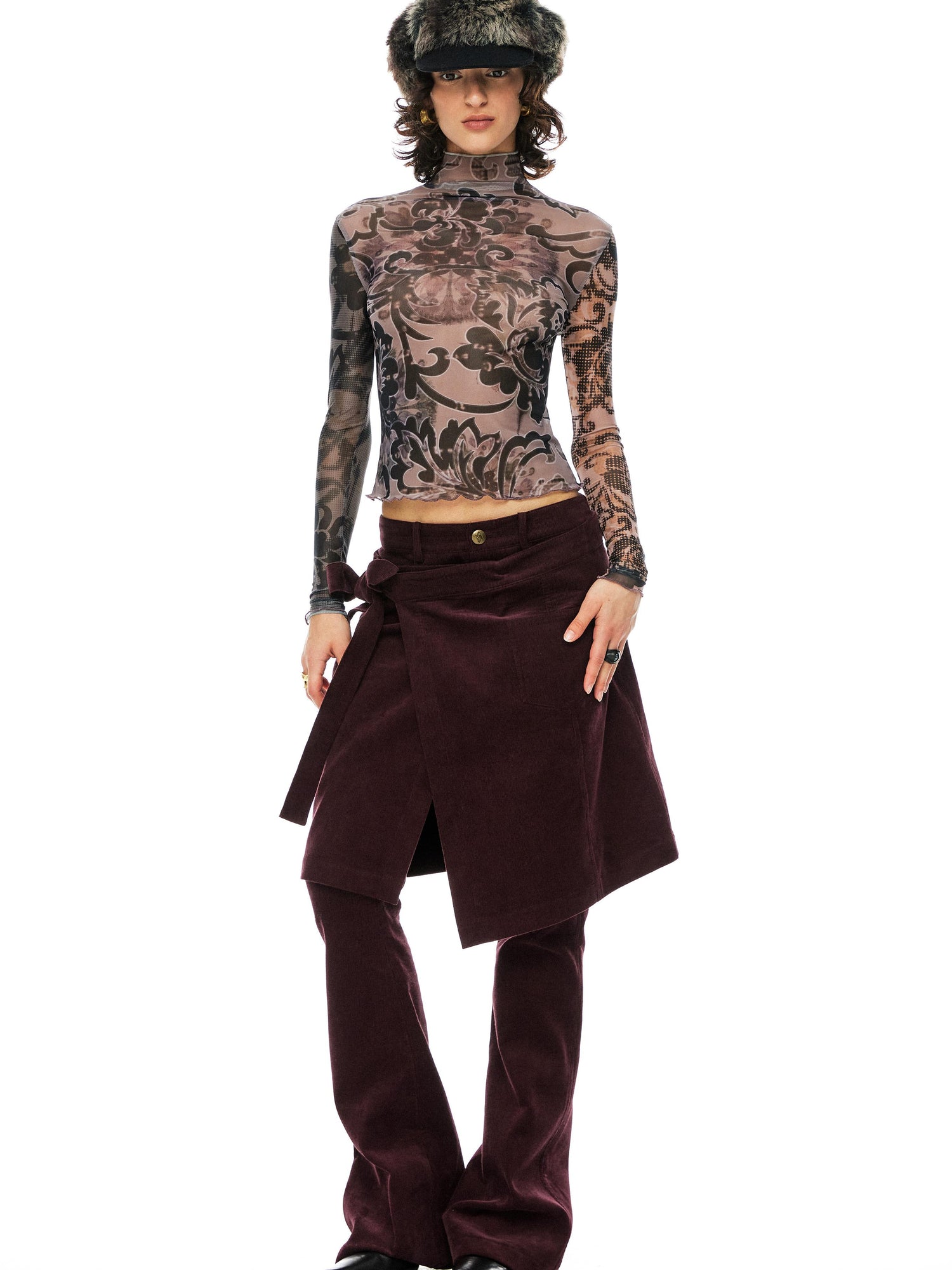 YOSHUYUKI Floral Print Mesh Top With Vintage Spliced Sleeves