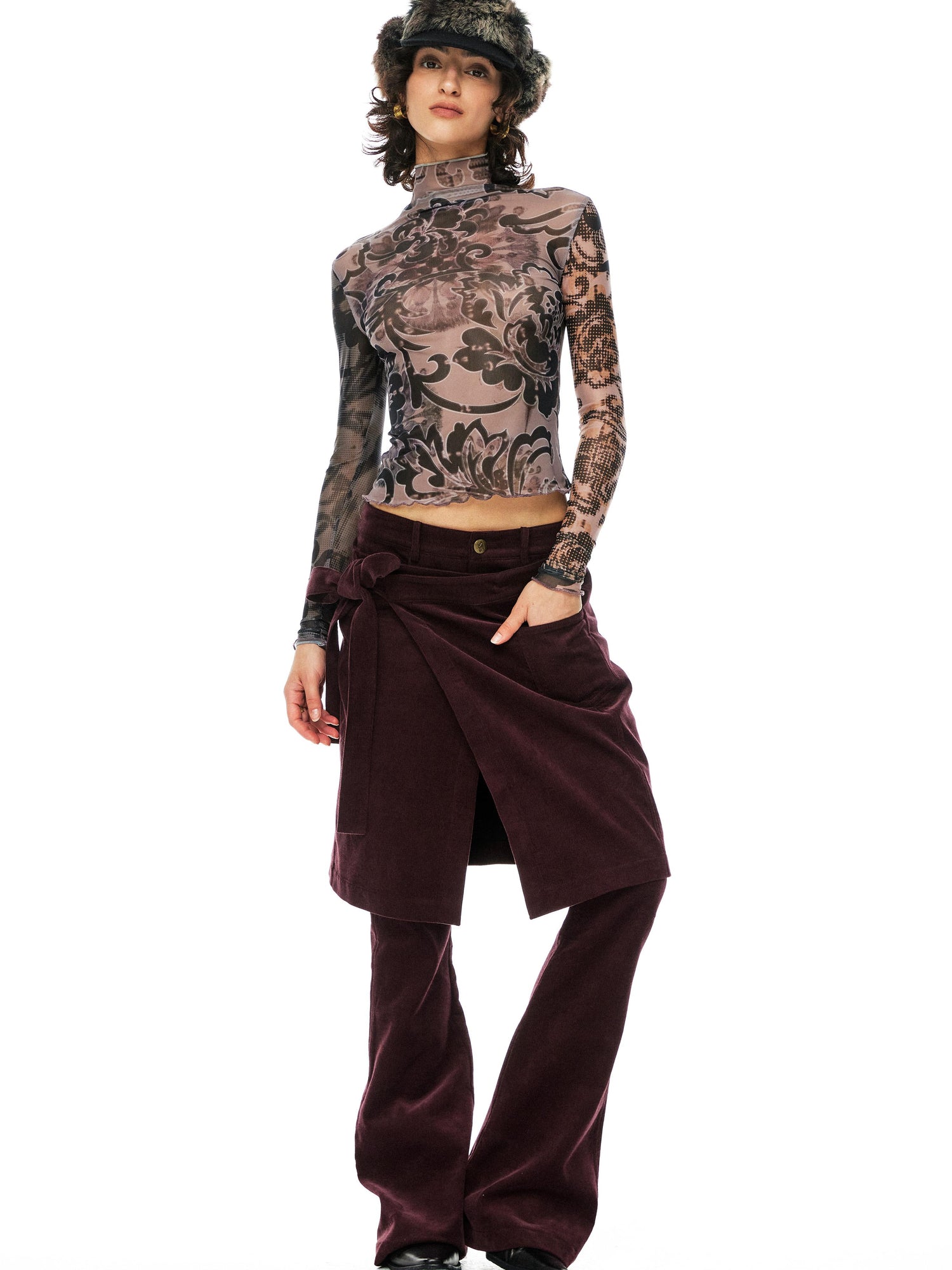 YOSHUYUKI Floral Print Mesh Top With Vintage Spliced Sleeves