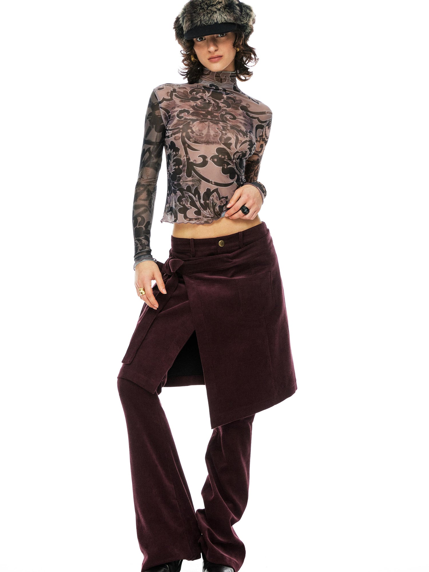 YOSHUYUKI Floral Print Mesh Top With Vintage Spliced Sleeves