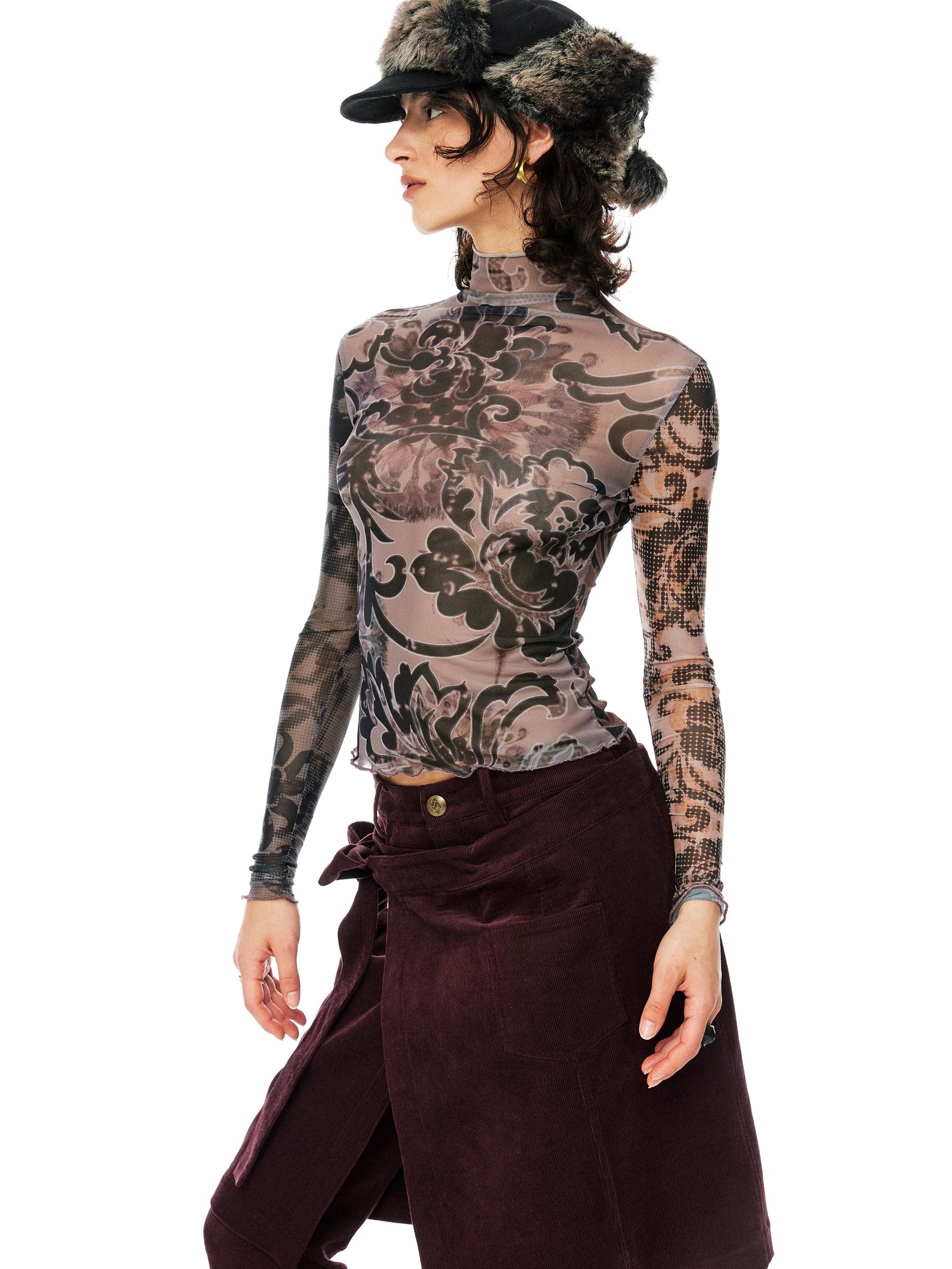 YOSHUYUKI Floral Print Mesh Top With Vintage Spliced Sleeves